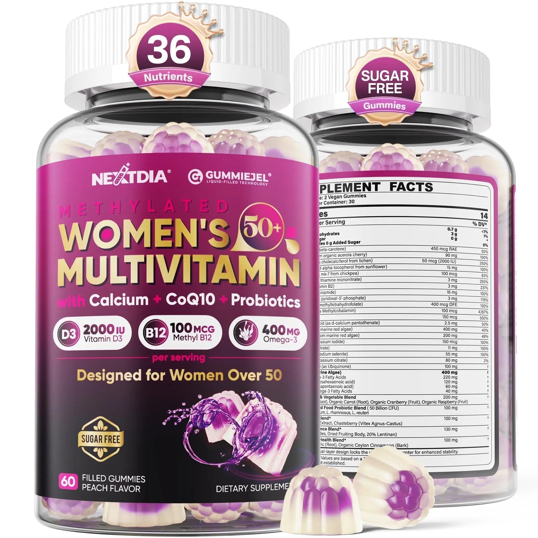 Multivitamin for Women 50 Plus Gummies, Vegan Omega 3, Methylfolate, Calcium, D3 K2, CoQ10, Daily Vitamin A C E, Methylated B12, Biotin, B Complex Nextdia uk supplements