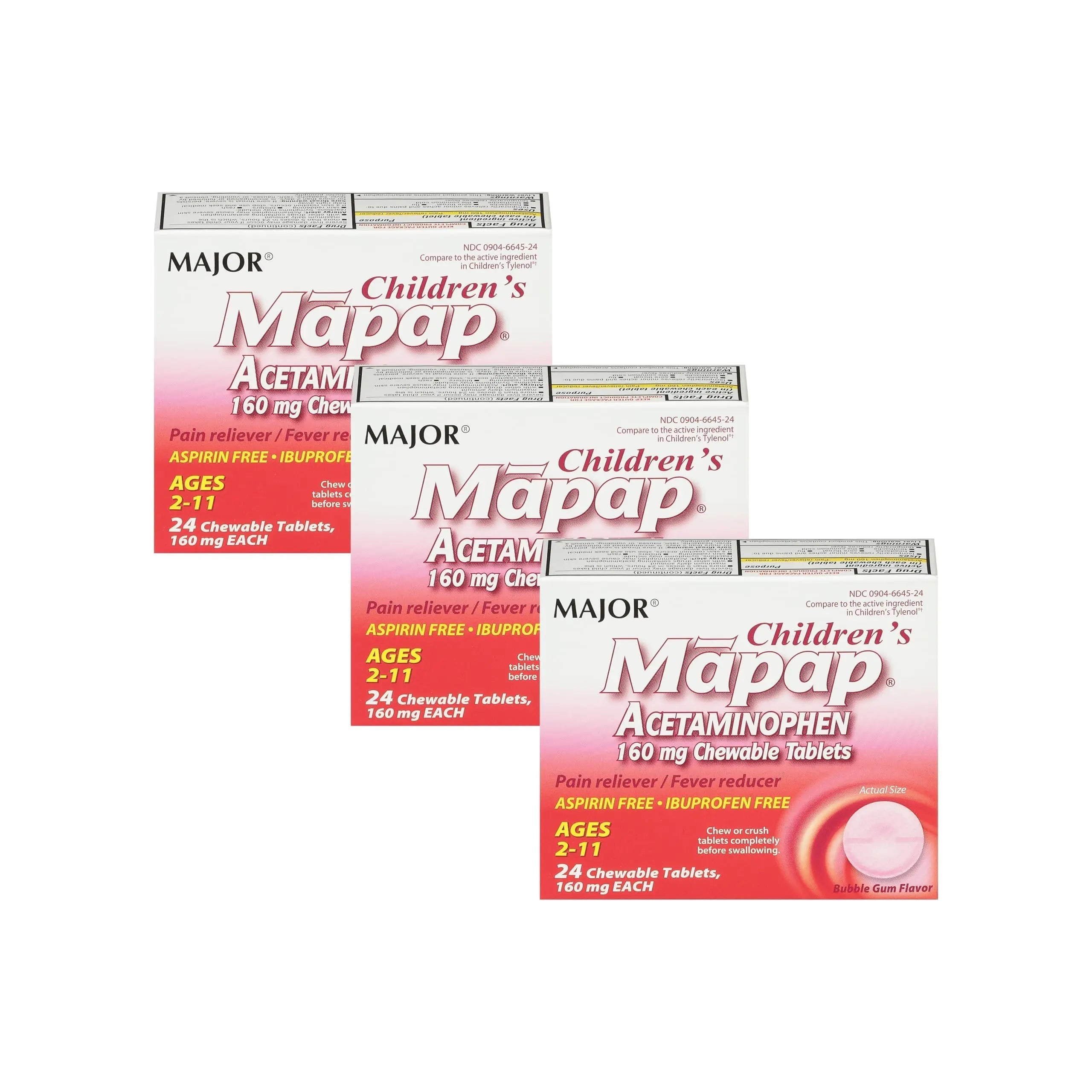 MAJOR Children’s Mapap Acetaminophen 160 mg Chewable Tablets - Pain Reliever/Fever Reducer - Aspirin Free - Ibuprofen Free - for Ages 2 to 11-24 Count (3 Pack) MAJOR uk supplements
