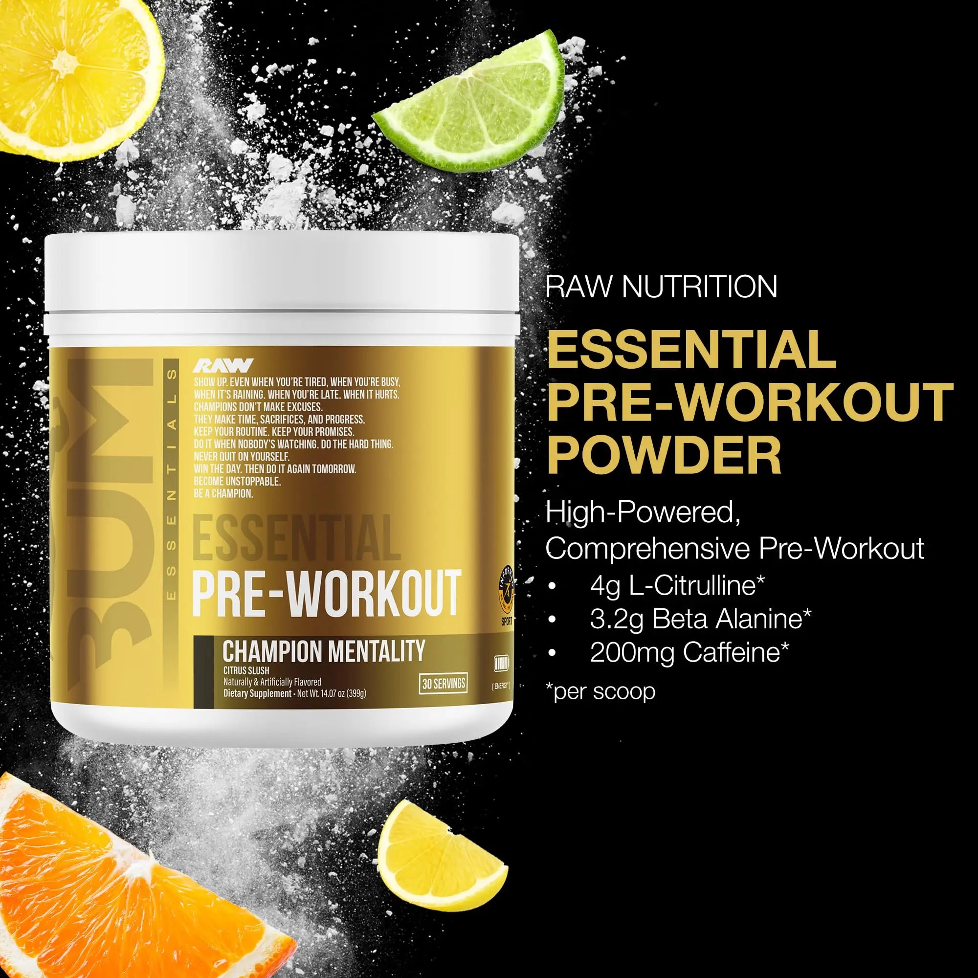 RAW Essential Pre-Workout Powder (Champion Mentality) - Chris Bumstead Sports Nutrition Supplement for Men & Women - Preworkout Energy Powder with Caffein RAW uk supplements