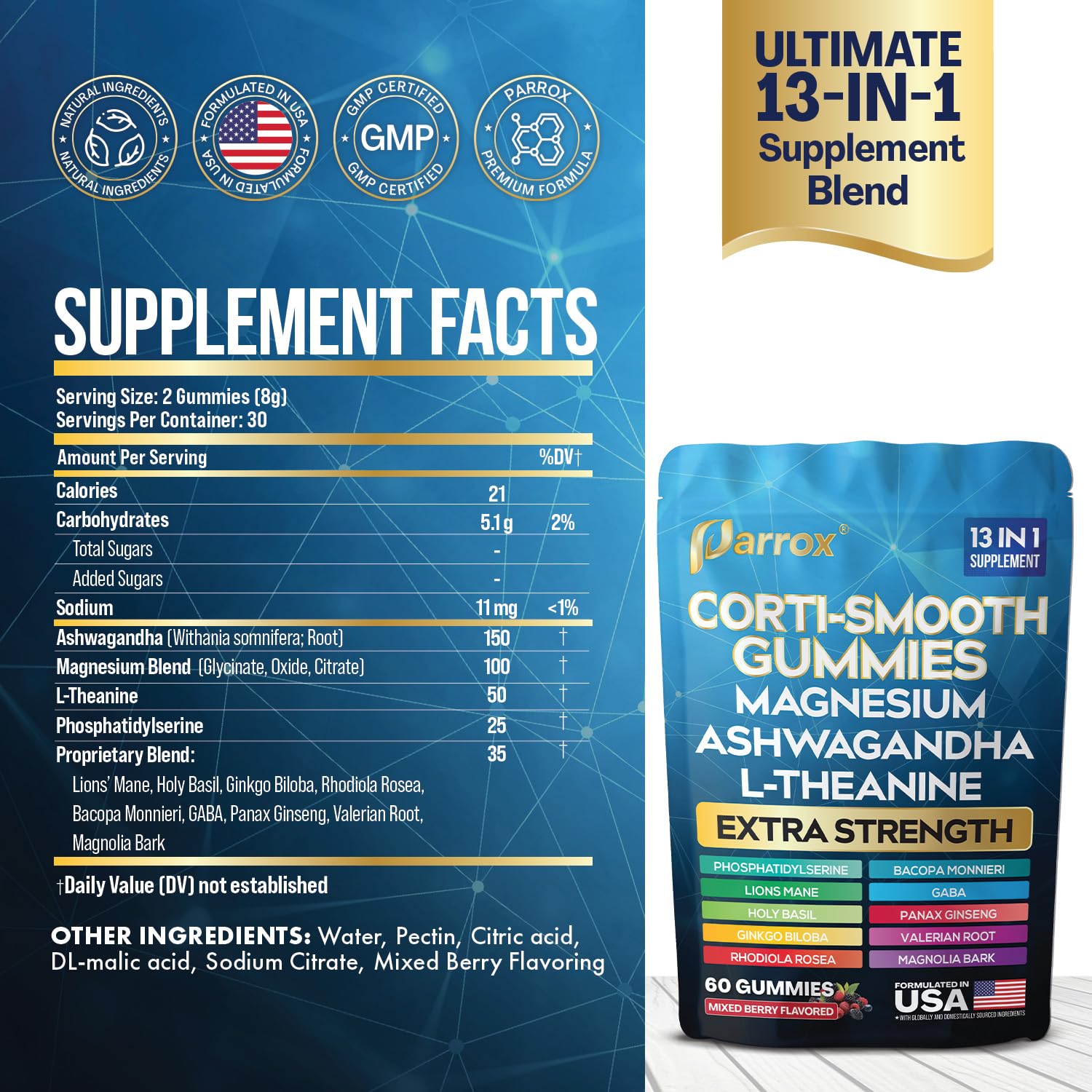 Parrox Corti-Smooth Cortisol Support Gummies with Magnesium, L-Theanine, Ashwagandha, Phosphatidylserine, Bacopa Monnieri, Lions Mane, Ginkgo Biloba, Valerian Root (60 Gummies - Mixed Berry Flavor) Parrox uk supplements