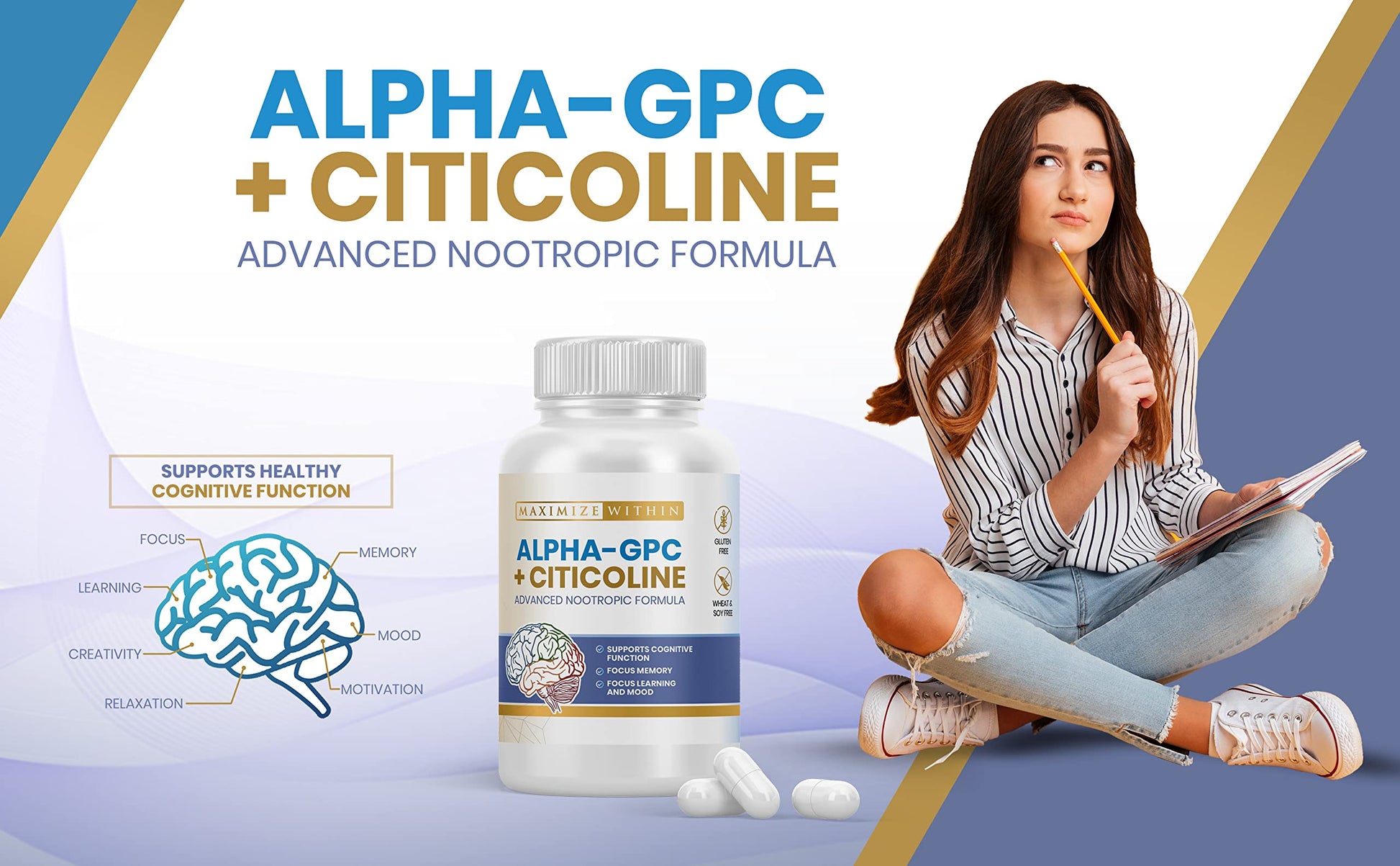 Maximize Within Alpha GPC + Citicoline 60 Ct, 1600mg Concentrated Formula- 99%+Highly Purified & Bioavailable Nootropic-Cognitive Enhancer, Supports Memory, Brain Function, Boosts Focus, Mood & Energy Maximize Within uk supplements