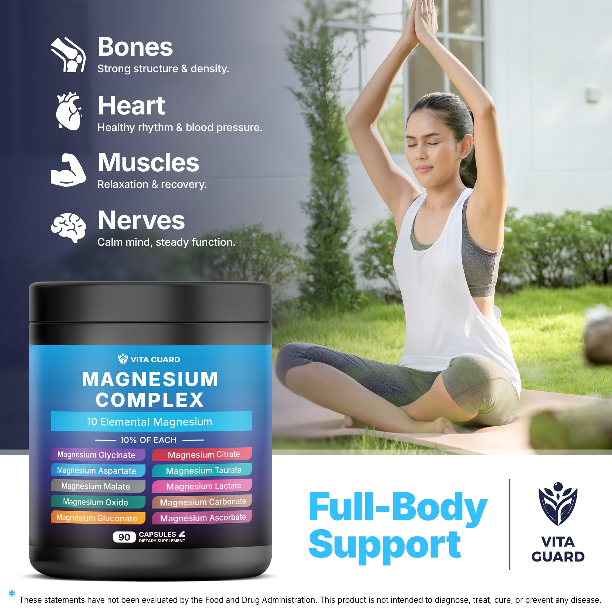 Vita Guard Magnesium Complex 1480mg – 10-in-1 with Glycinate, Citrate, Malate & More – High Absorption – Sleep, Muscle, Nerve & Heart Support – 90 Vegan Capsules – Non-GMO, Gluten-Free, No Sugar Vita Guard uk supplements