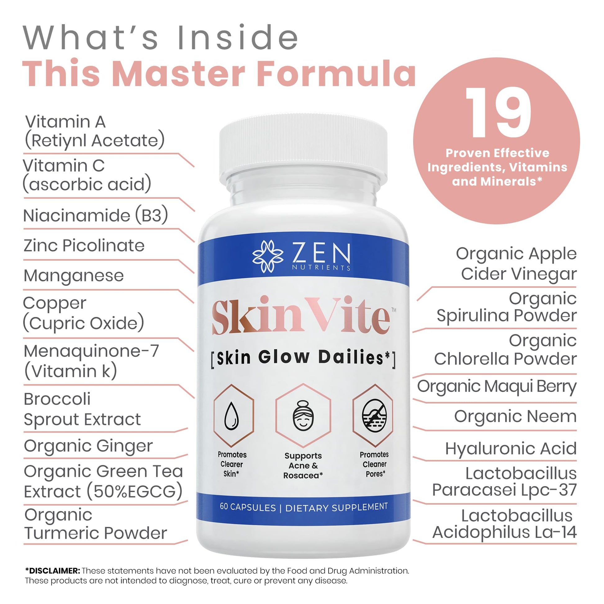 Zen Nutrients SkinVite Natural Skin Supplement for Women, Men & Teens - Hormonal Breakouts & Clear Skin Support Supplement - Detoxifying Vitamin for Acne and Digestion Support Zen Nutrients uk supplements