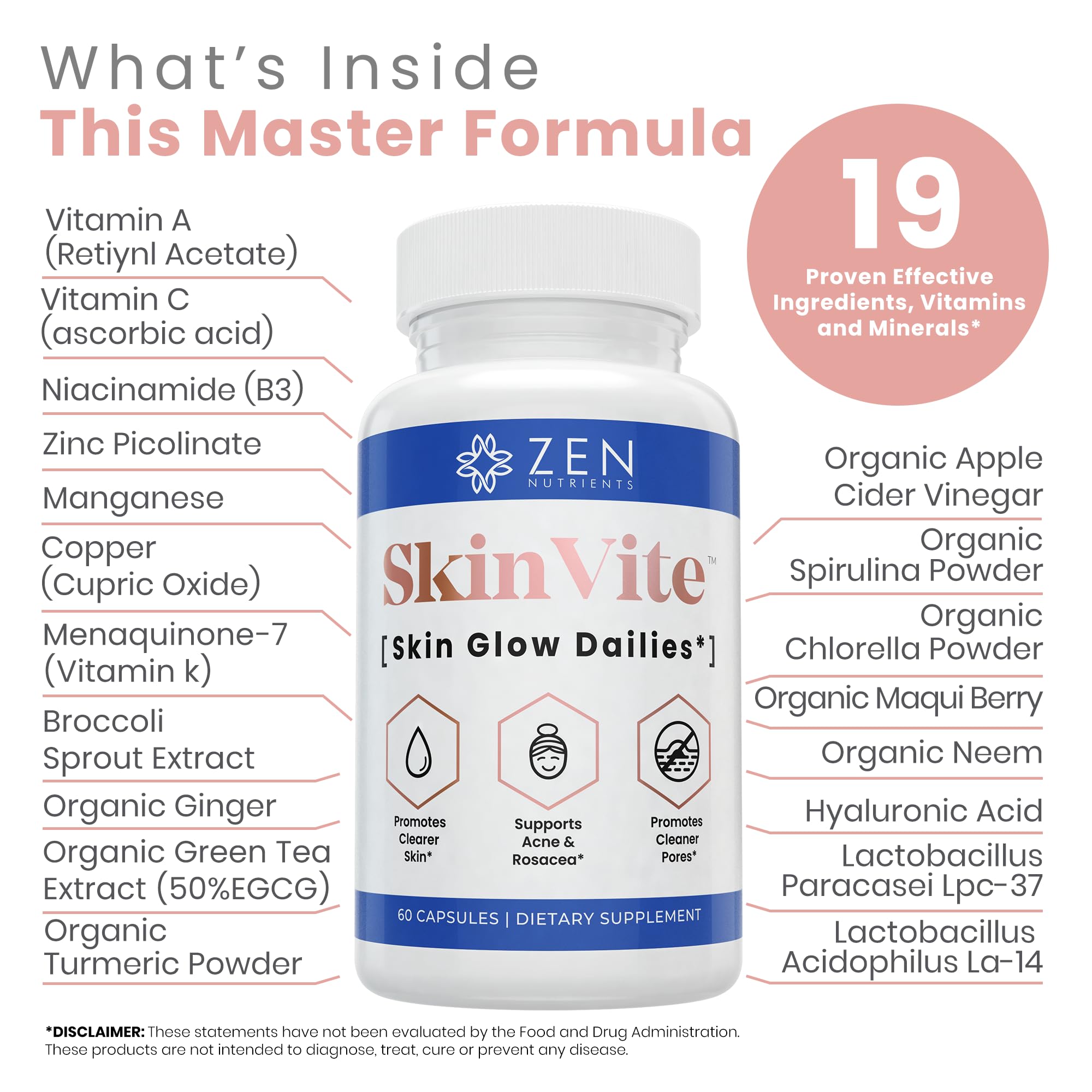 Zen Nutrients SkinVite Natural Skin Supplement for Women, Men & Teens - Hormonal Breakouts & Clear Skin Support Supplement - Detoxifying Vitamin for Acne and Digestion Support Zen Nutrients uk supplements