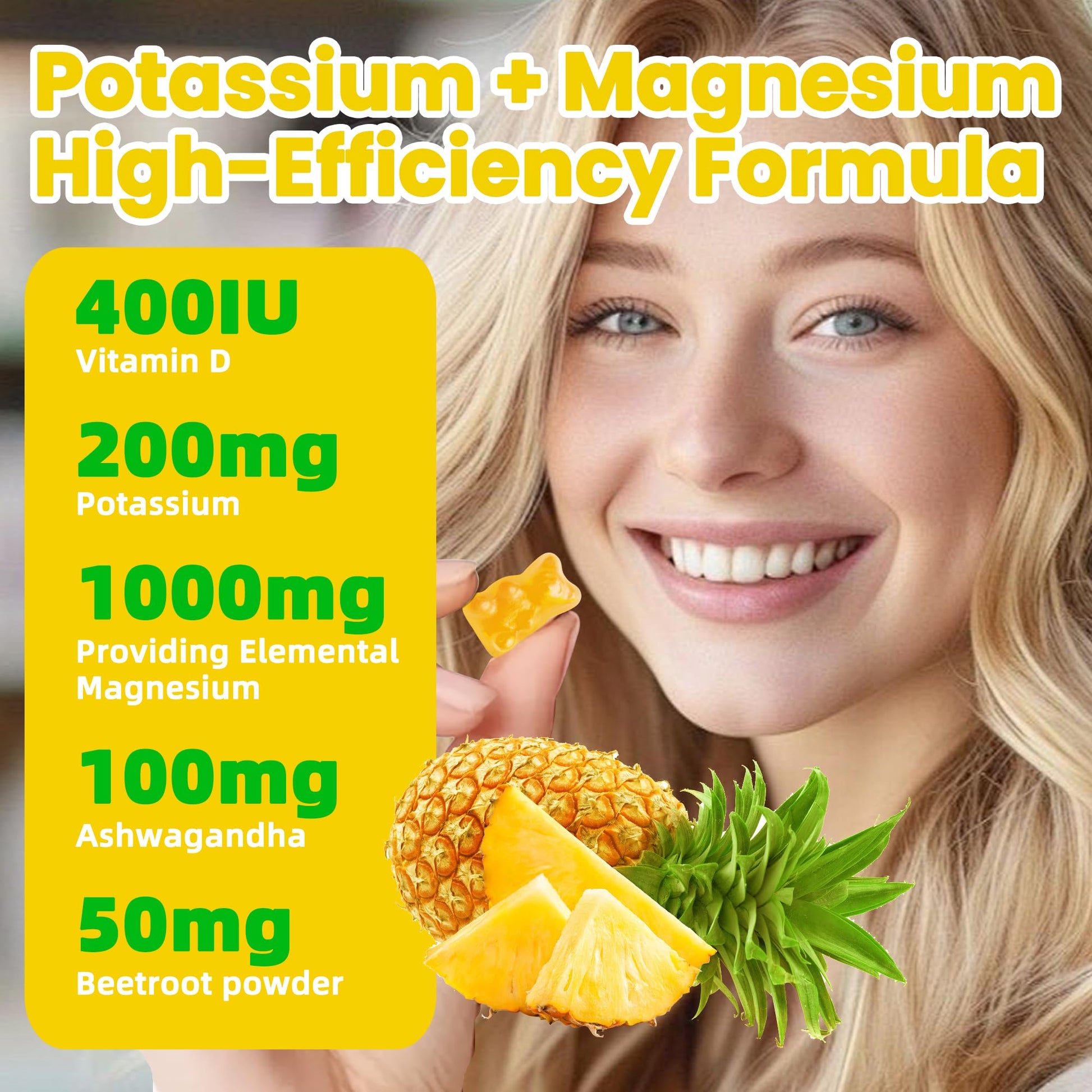 Potassium Magnesium Gummies,High Absorption Magnesium Glycinate,B6,D3,Potassium Citrate for Leg Cramps,Muscle,Electroyte for Adults Kids,Sugar-Free, 60 Gummies (Pineapple) Wekannufod uk supplements