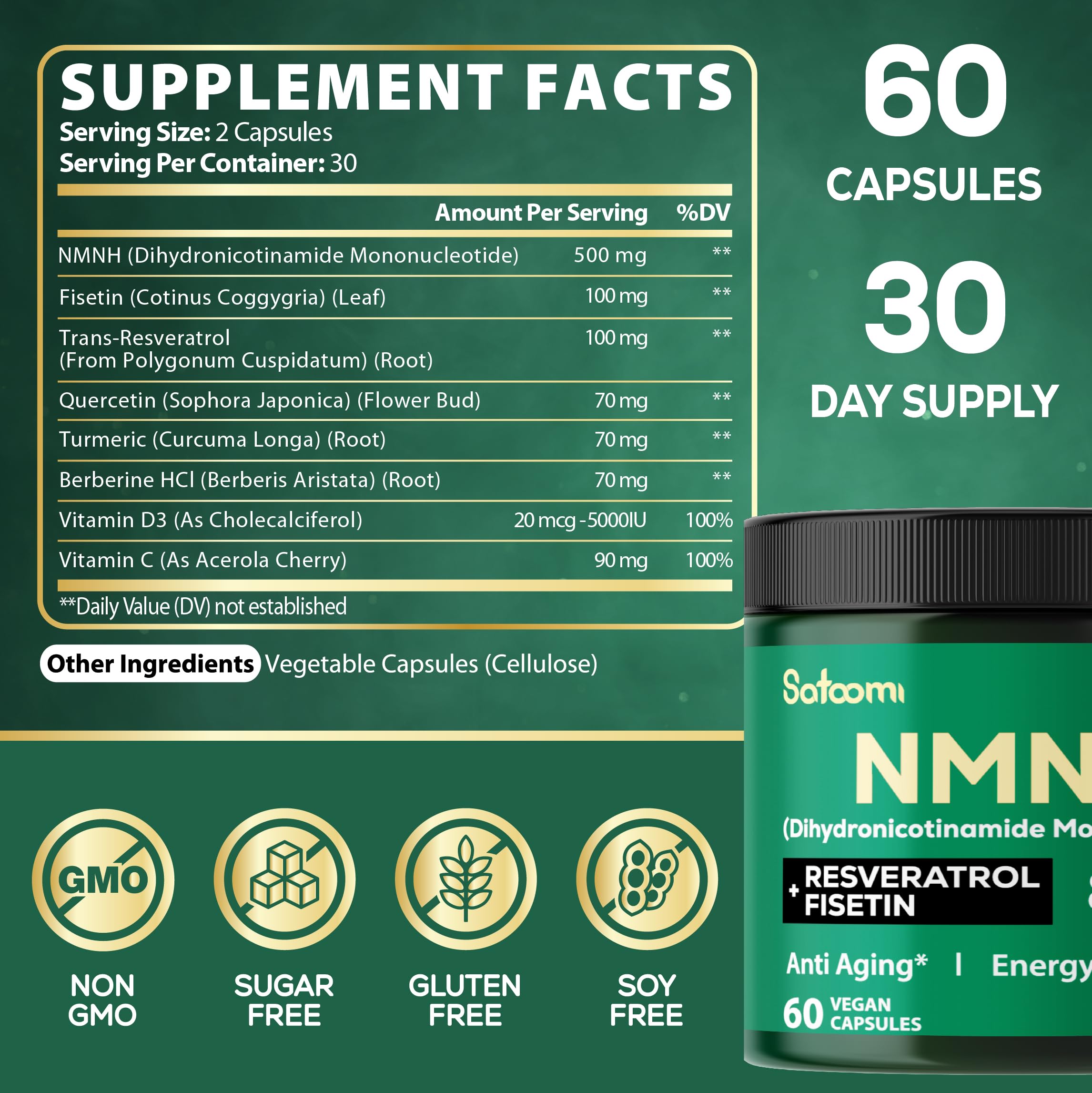 Satoomi 8in1 NMNH - NMN Supplement Alternative - NAD Supplement to Support NAD Levels Added Fisetin, Resveratrol, Quercetin, Turmeric, Berberine, Vitamin D3 & C - 60 Count for 30 Days Satoomi uk supplements