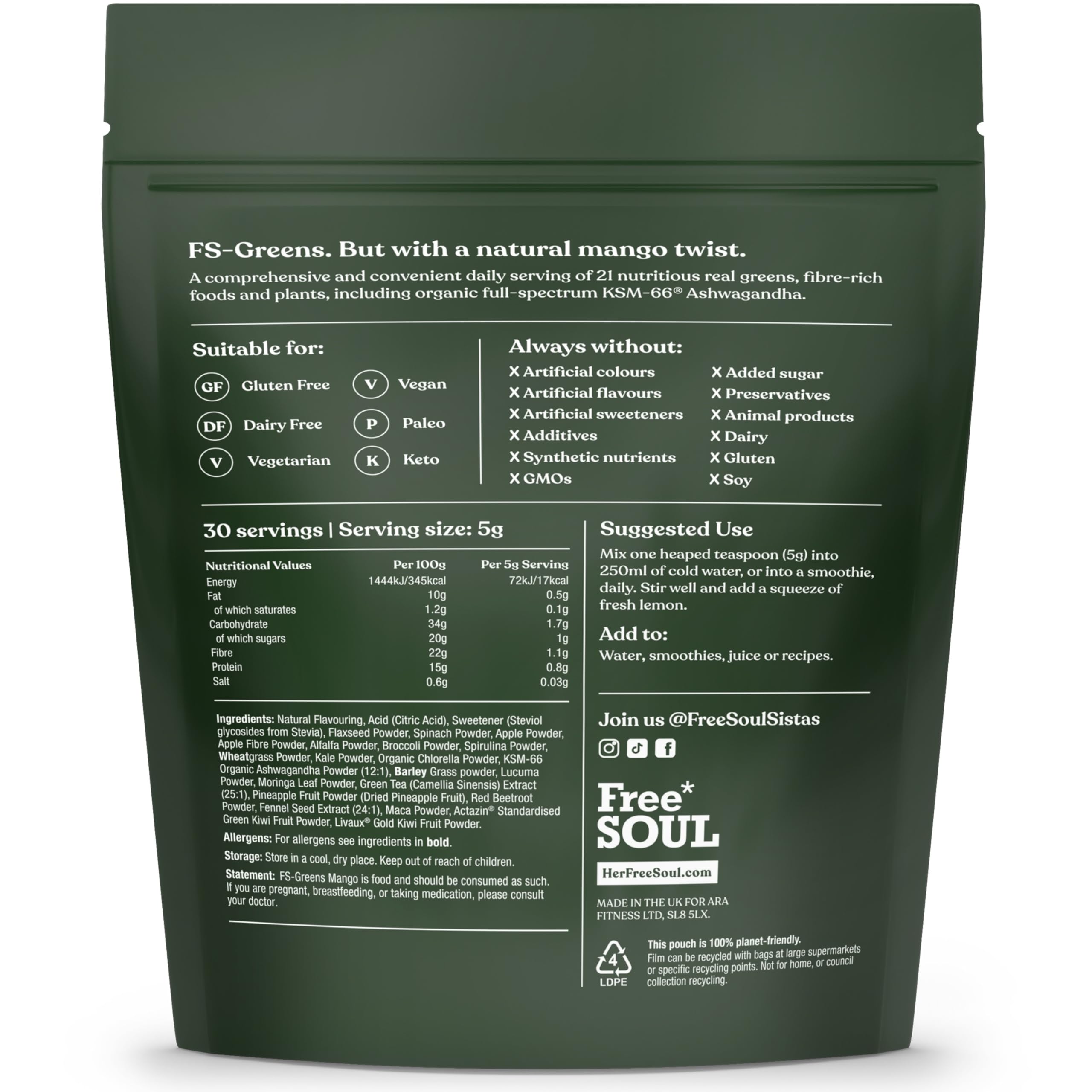 FS-Greens | 21 Advanced Greens, Superfoods, and Adaptogens Including KSM-66 Free Soul uk supplements