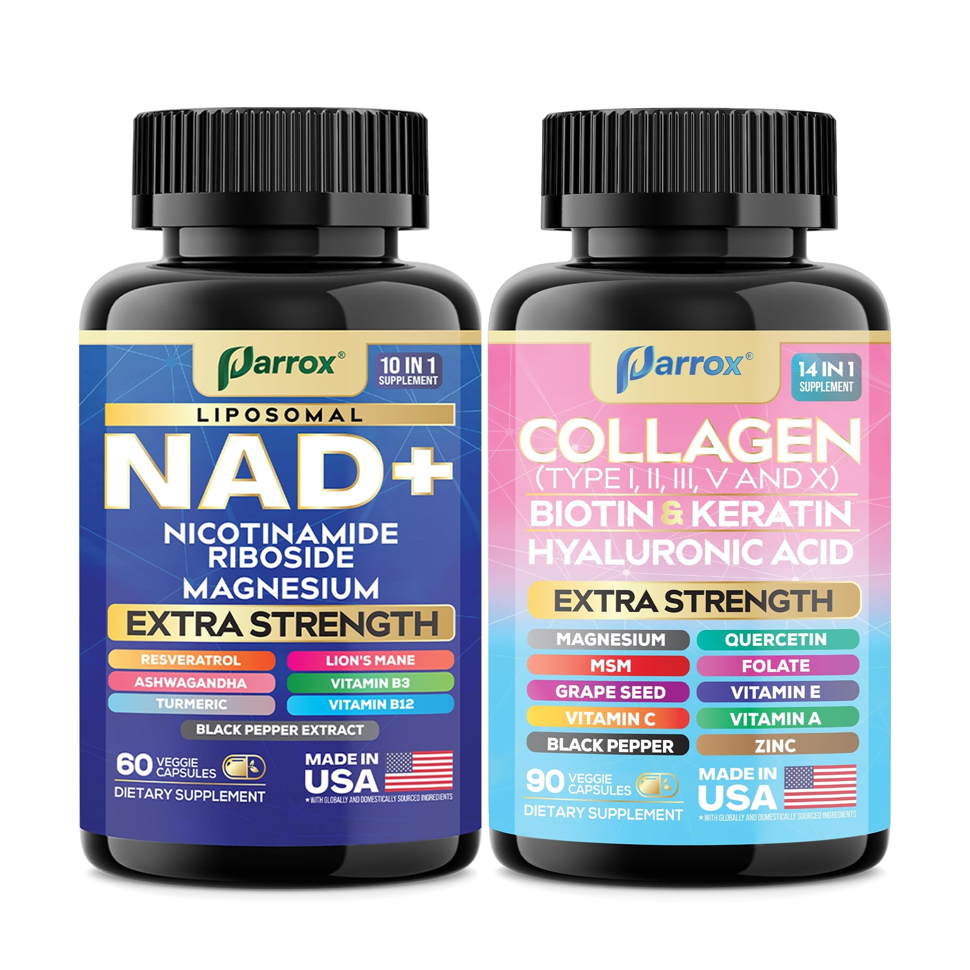 Parrox Forever Young Set with Liposomal NAD, Nicotinamide Riboside, Magnesium, Resveratrol, Lion's Mane, Collagen Peptides Types I, II, III, V and X, Biotin & Keratin, Hyaluronic Acid, Zinc, Quercetin Parrox uk supplements