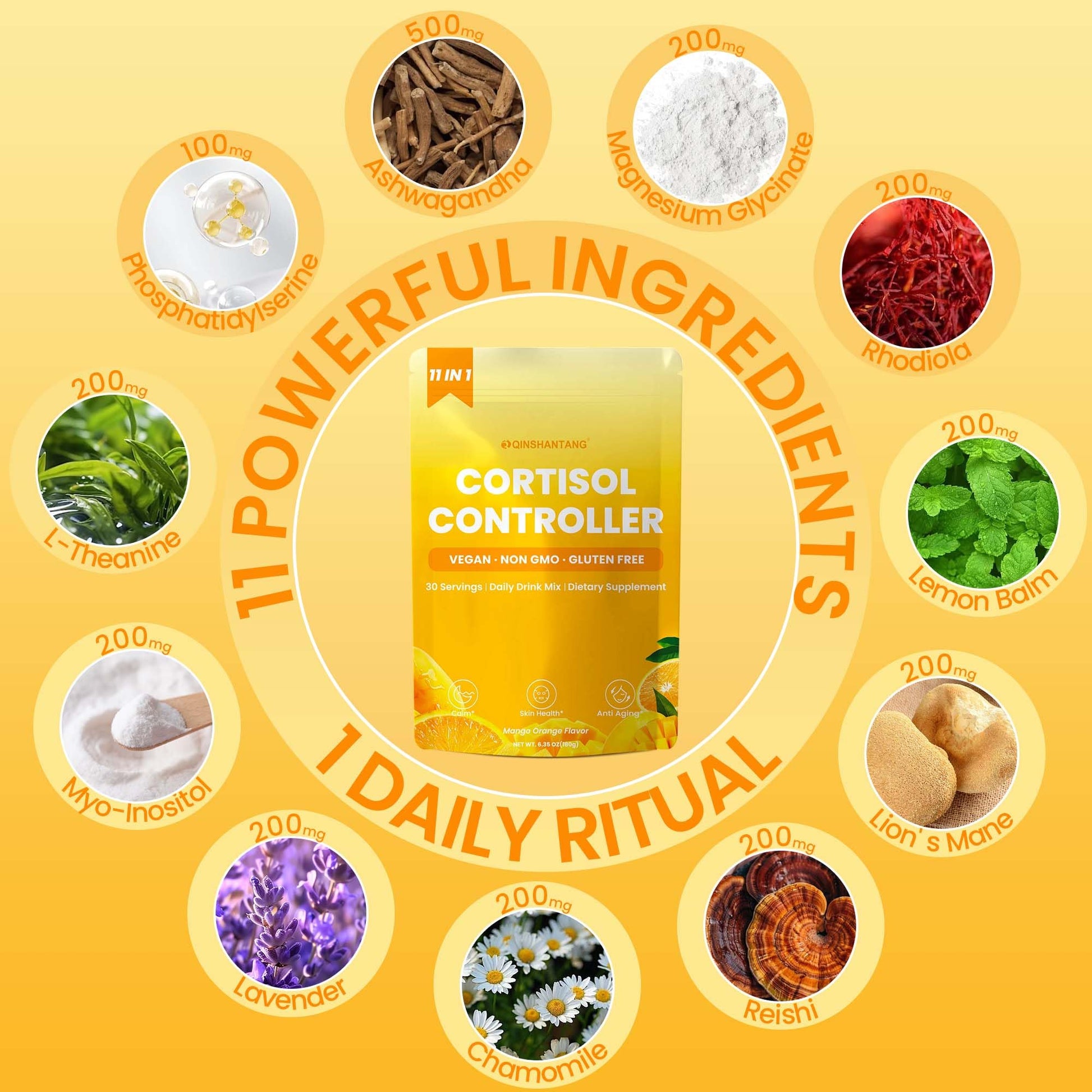 Cortisol Drink Powder, Cortisol Supplements for Women | Magnesium Glycinate, Ashwagandha, L-Theanine & Lion’s Mane | Relaxation, Focus & Stress Balance | Mango Orange Flavor | 30 Servings QIN SHAN TANG uk supplements