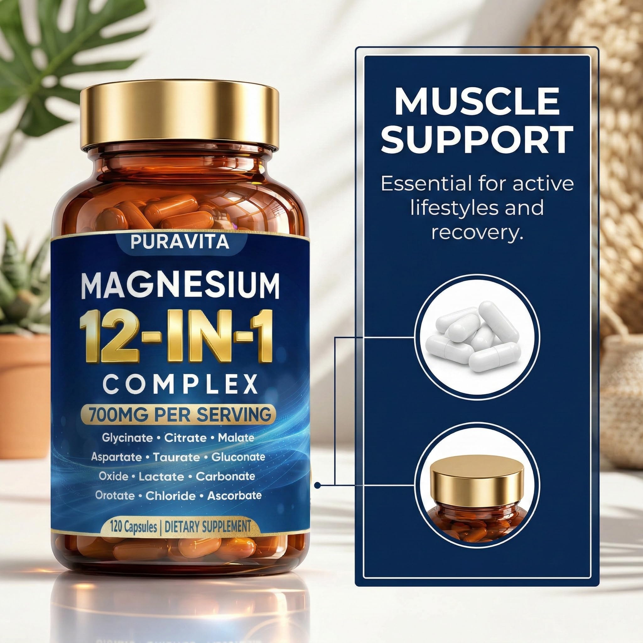 Puravita 12 in 1 Magnesium Complex Capsules - 700mg High Absorption Blend with Glycinate, Citrate, Malate, Oxide & Taurate. Supports Muscle Function, Nerve Health & Relaxation - 120 Capsules (1) PURAVITA uk supplements