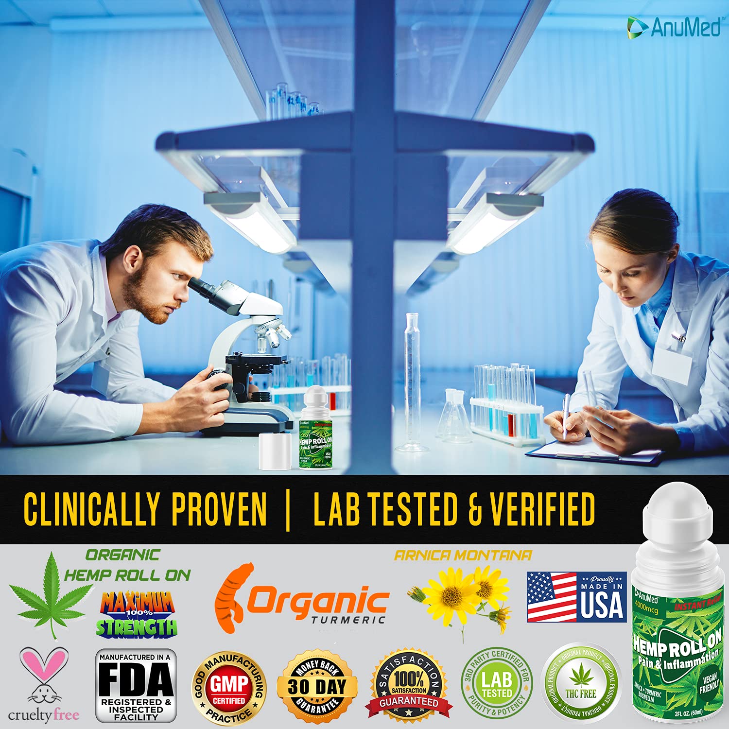 ANUMED Hemp Roll-On 4000mg Pain Relief. Fast Acting, Long Lasting, Maximum Strength with Arnica + Turmeric for Anti-Inflammatory, Natural Recovery, Joint, Muscle, Nerve Pain Reliever 2 Packs of (1oz) AnuMed International uk supplements
