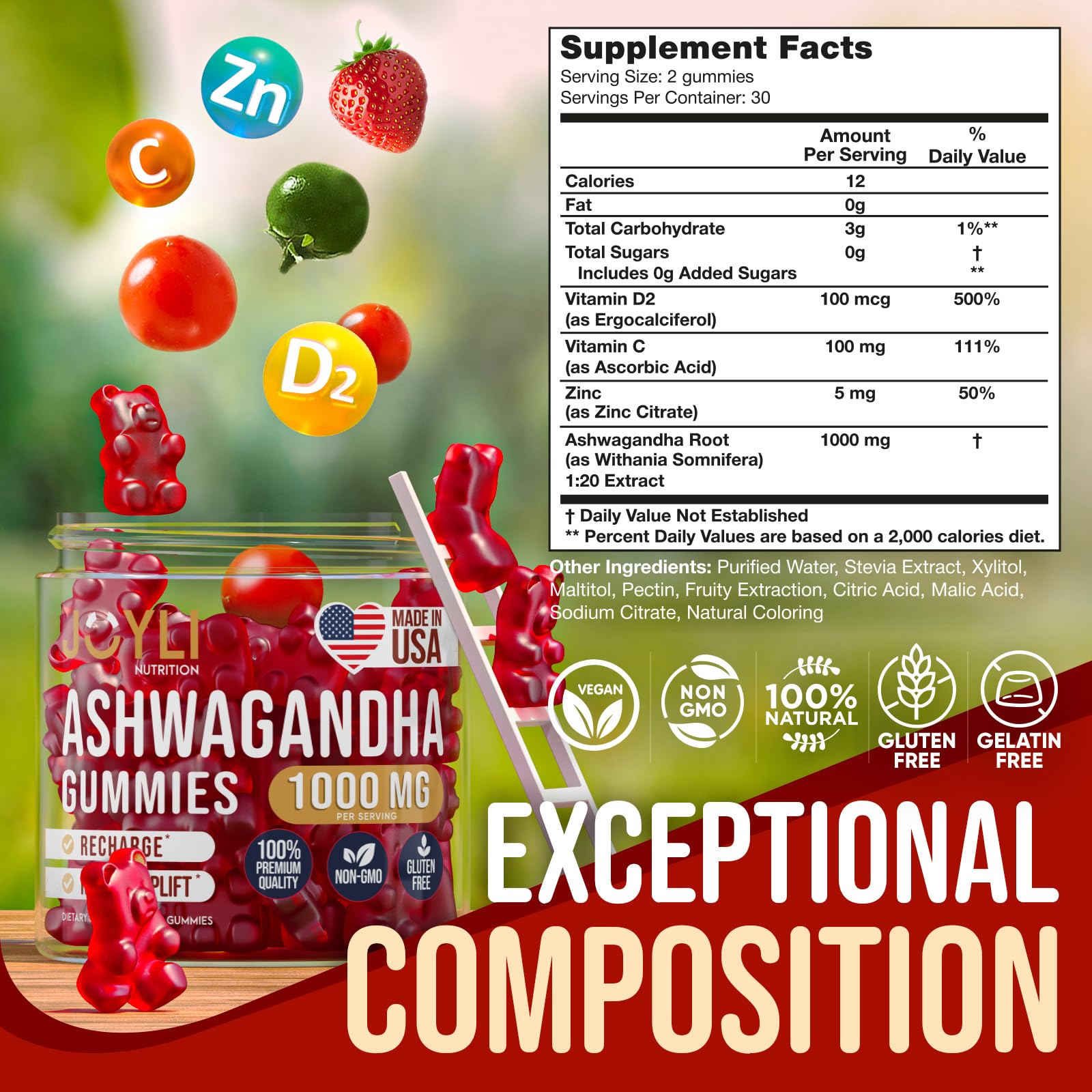 Ashwagandha Gummies for Women & Men - Natural Calm Gummies with Ashwagandha Root Extract Vitamin C Zinc - Ashwagandha Herbal Supplement for Sleep Stress Balance - 60 Vegan Sugar Free Chews JOYLI Nutrition uk supplements