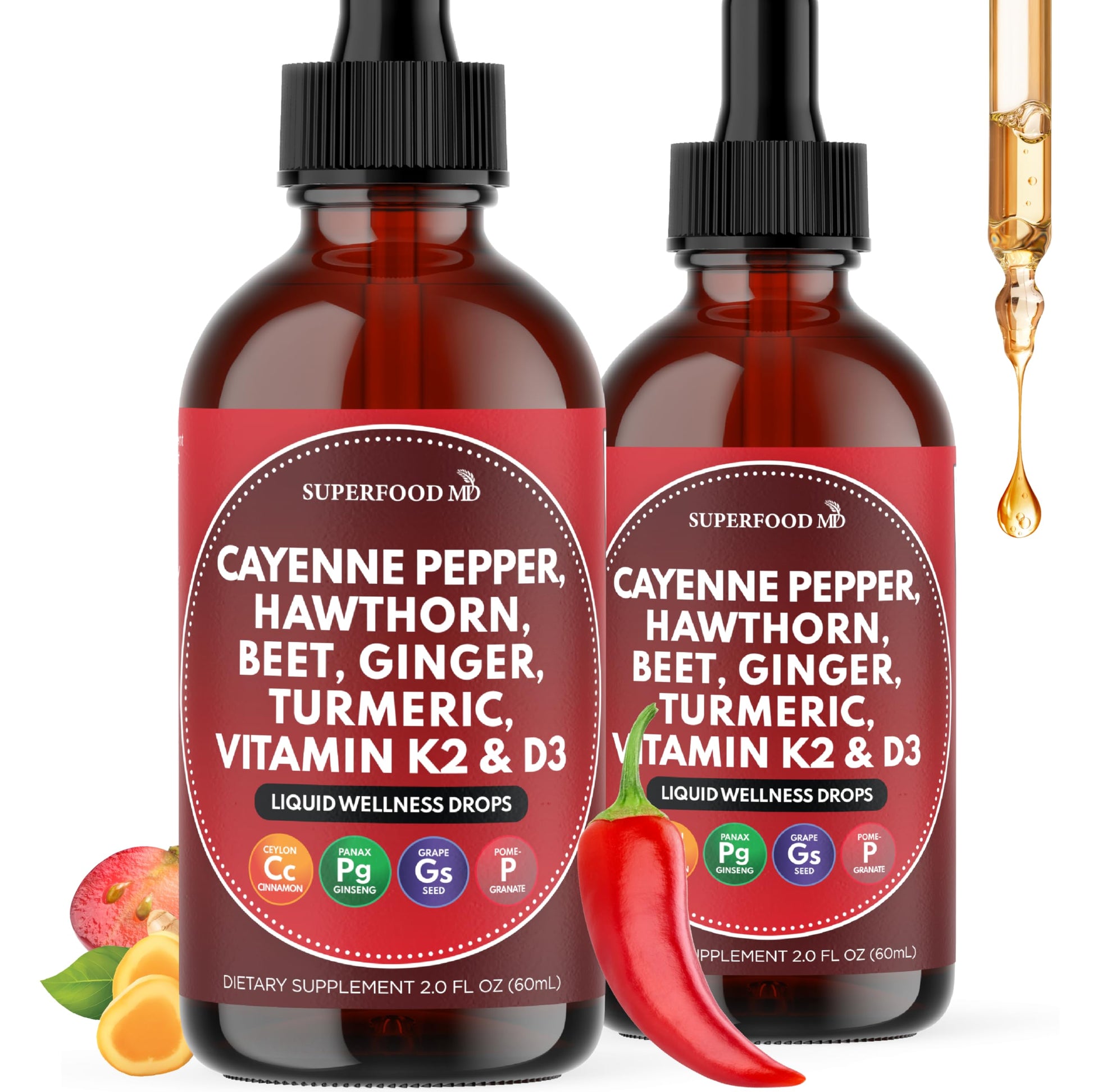 Cayenne Pepper Supplement Liquid Drops + Hawthorn Berry, Vitamin D3 K2 Beet Root Powder, Ceylon Cinnamon, Turmeric Curcumin, Organic Panax Ginseng - 4 OZ Superfood MD uk supplements