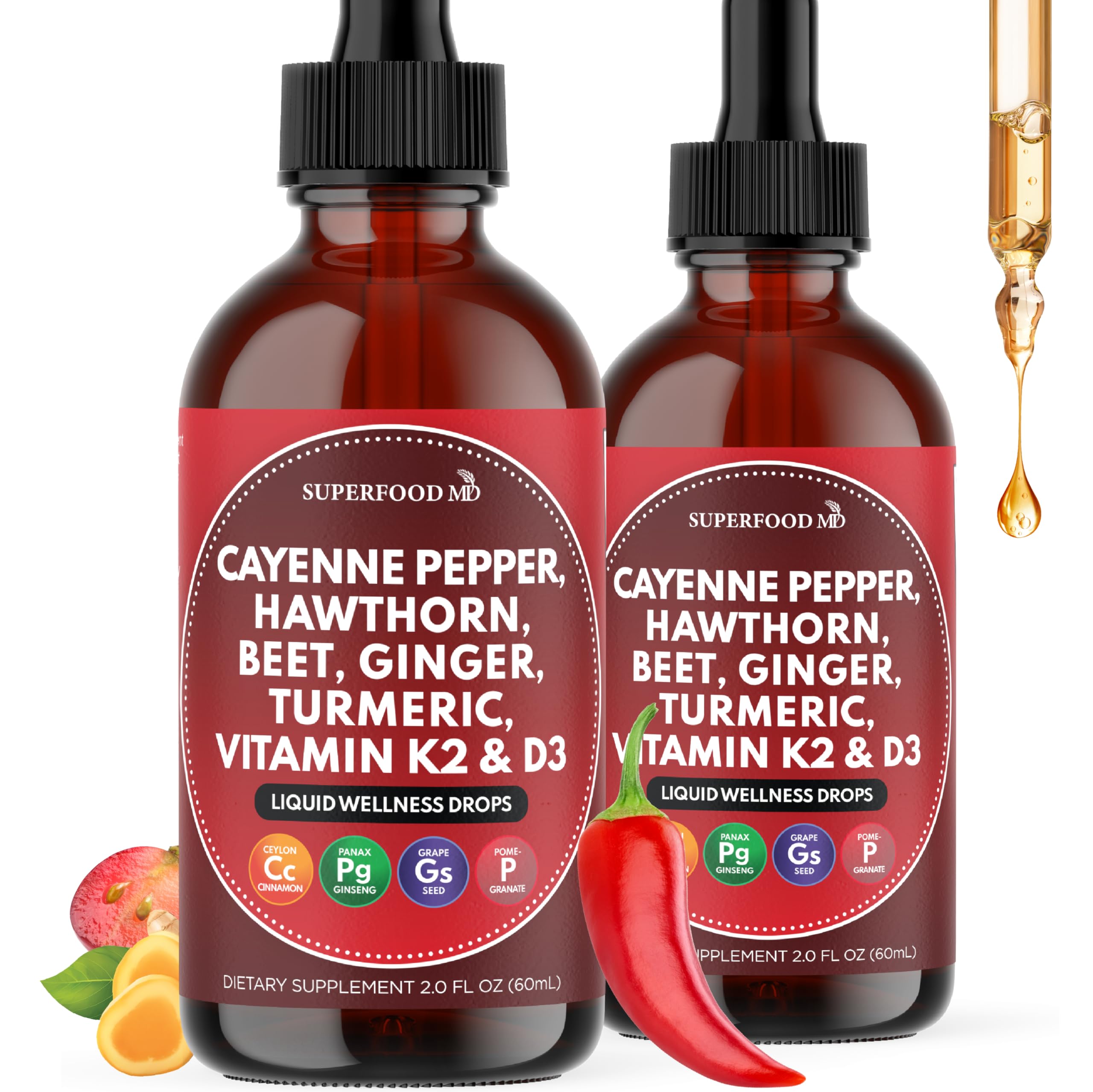 Cayenne Pepper Supplement Liquid Drops + Hawthorn Berry, Vitamin D3 K2 Beet Root Powder, Ceylon Cinnamon, Turmeric Curcumin, Organic Panax Ginseng - 4 OZ Superfood MD uk supplements