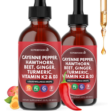 Cayenne Pepper Supplement Liquid Drops + Hawthorn Berry, Vitamin D3 K2 Beet Root Powder, Ceylon Cinnamon, Turmeric Curcumin, Organic Panax Ginseng - 4 OZ Superfood MD uk supplements