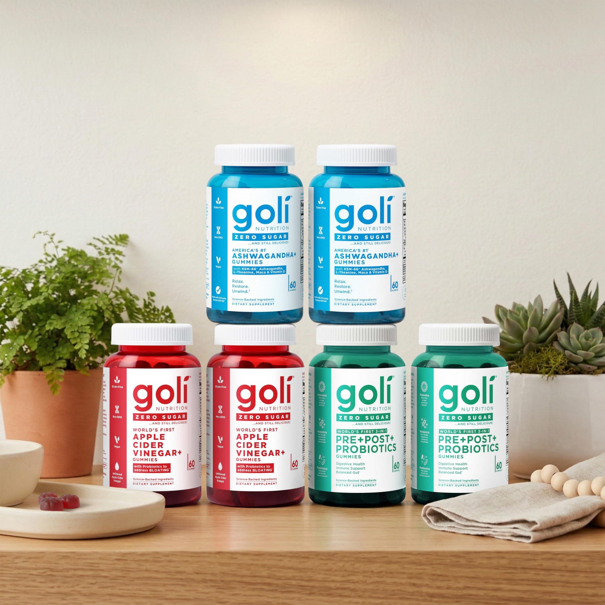 Goli Zero Sugar 6 Pack Bundle - World's First 3-in-1 Pre, Post, Probiotic, Apple Cider Vinegar with Vitamin B12 and Probiotics to Address Bloating, Ashwagandha & L-Theanine, Vitamin D Gummies Goli uk supplements