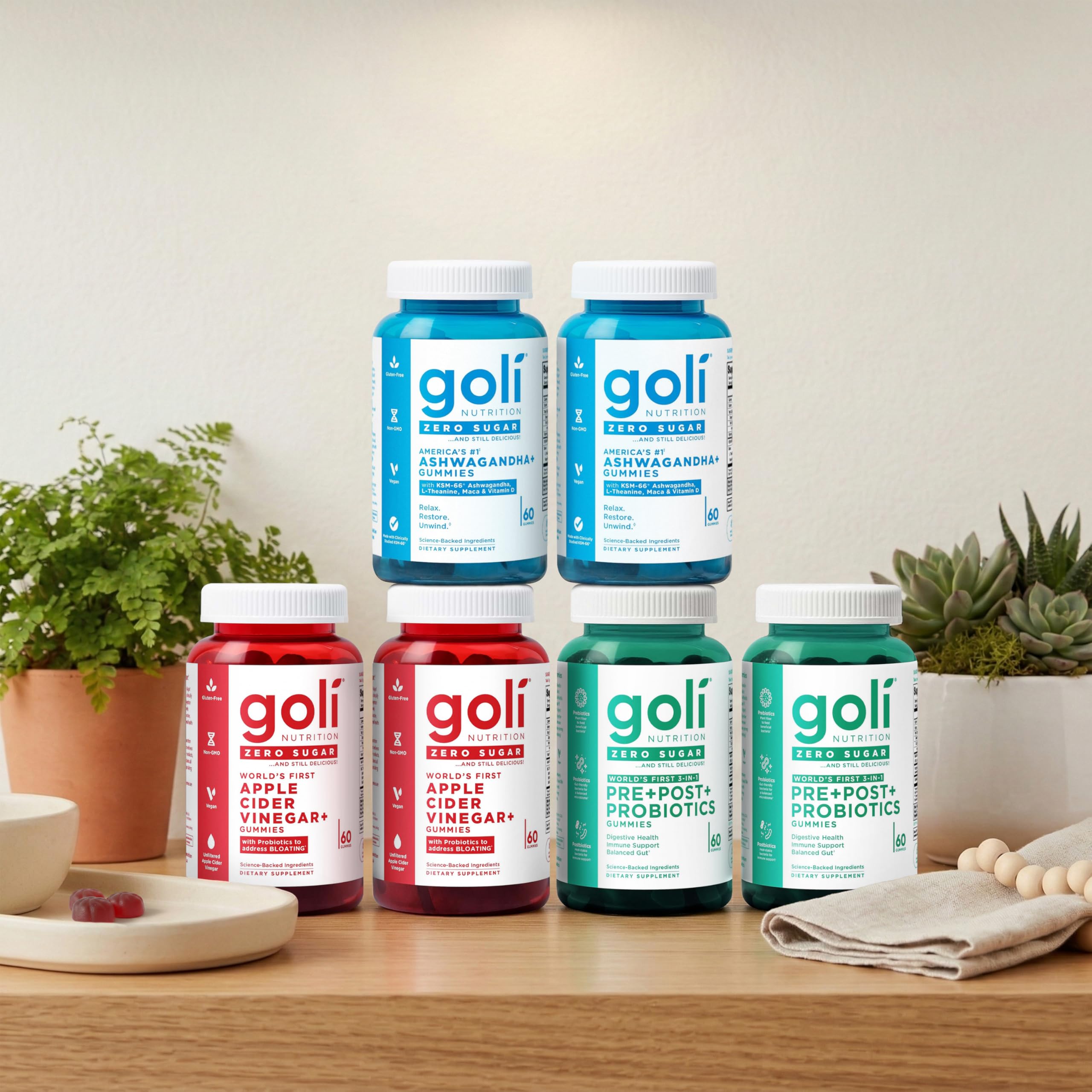 Goli Zero Sugar 6 Pack Bundle - World's First 3-in-1 Pre, Post, Probiotic, Apple Cider Vinegar with Vitamin B12 and Probiotics to Address Bloating, Ashwagandha & L-Theanine, Vitamin D Gummies Goli uk supplements