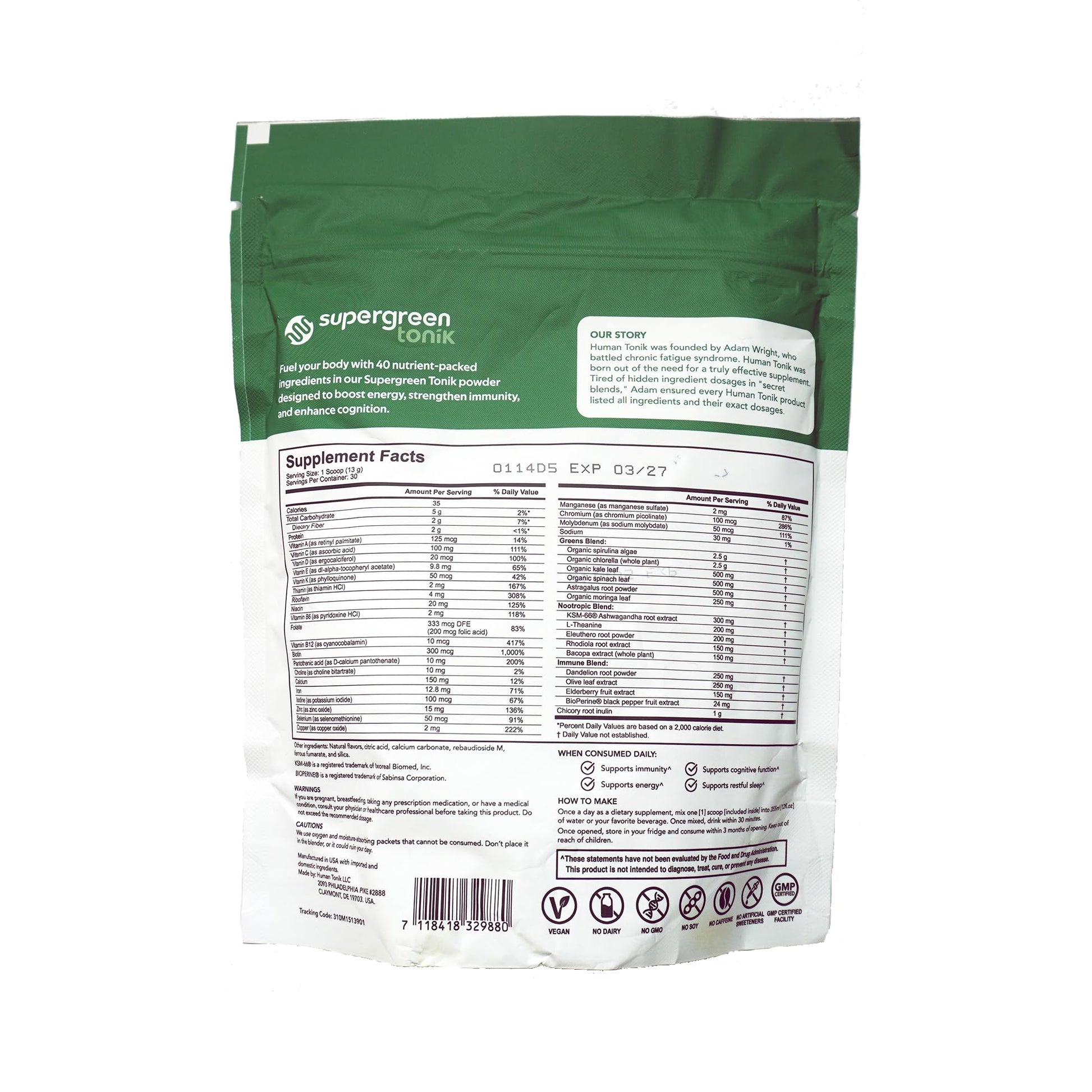 SUPERGREEN TONIK 100% Natural Greens Superfood Powder – Daily Supplement with 40 Superfoods, Vitamins and Minerals – Supports Energy, Stress and Immunity – 30 Days 360 Grams Berry Flavor (1 Bag) SUPERGREEN TONIK uk supplements