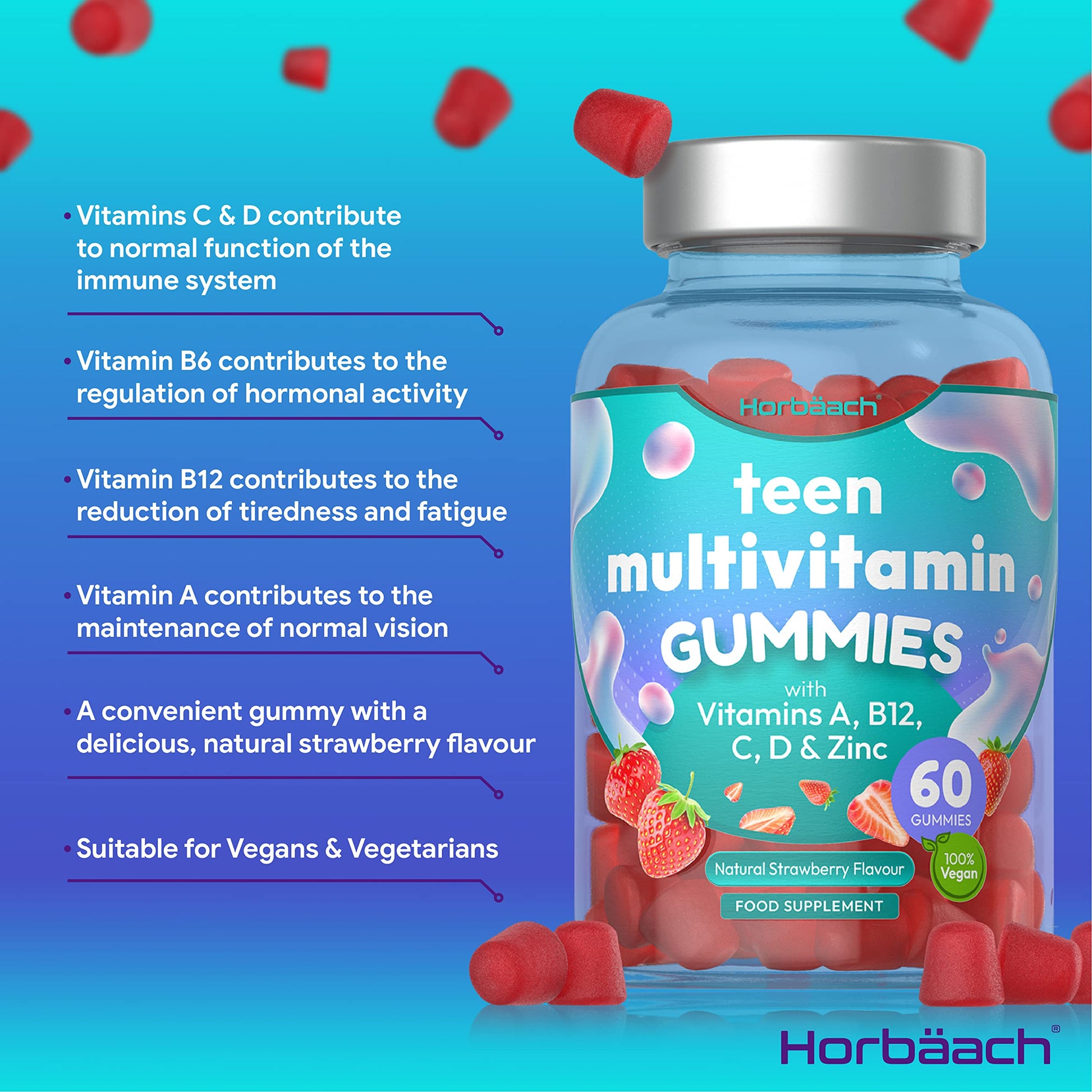 Multivitamins for Teens | 60 Vegan Gummies | 14 Essential Nutrients | with Vitamin A, B12 Horbäach uk supplements