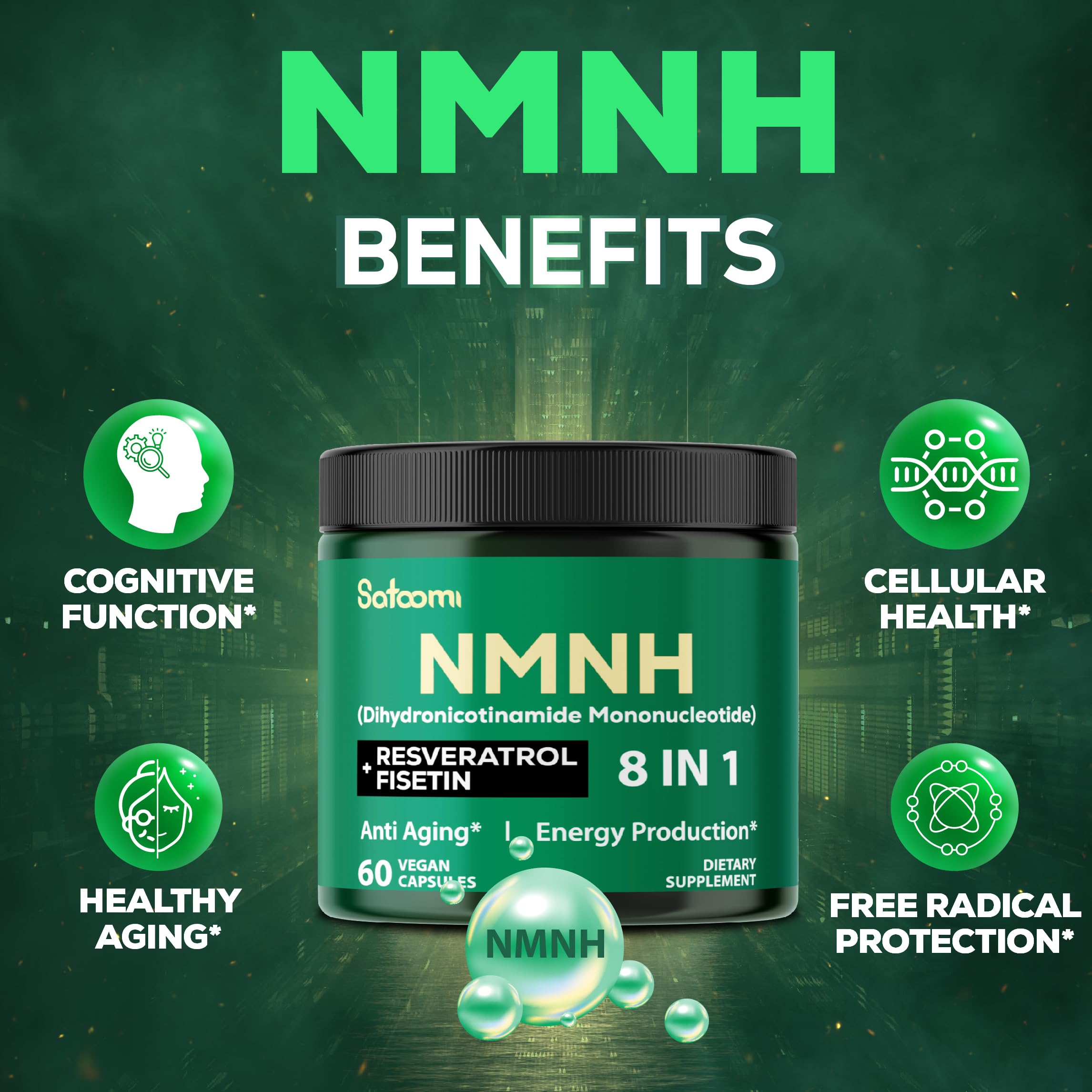 Satoomi 8in1 NMNH - NMN Supplement Alternative - NAD Supplement to Support NAD Levels Added Fisetin, Resveratrol, Quercetin, Turmeric, Berberine, Vitamin D3 & C - 60 Count for 30 Days Satoomi uk supplements