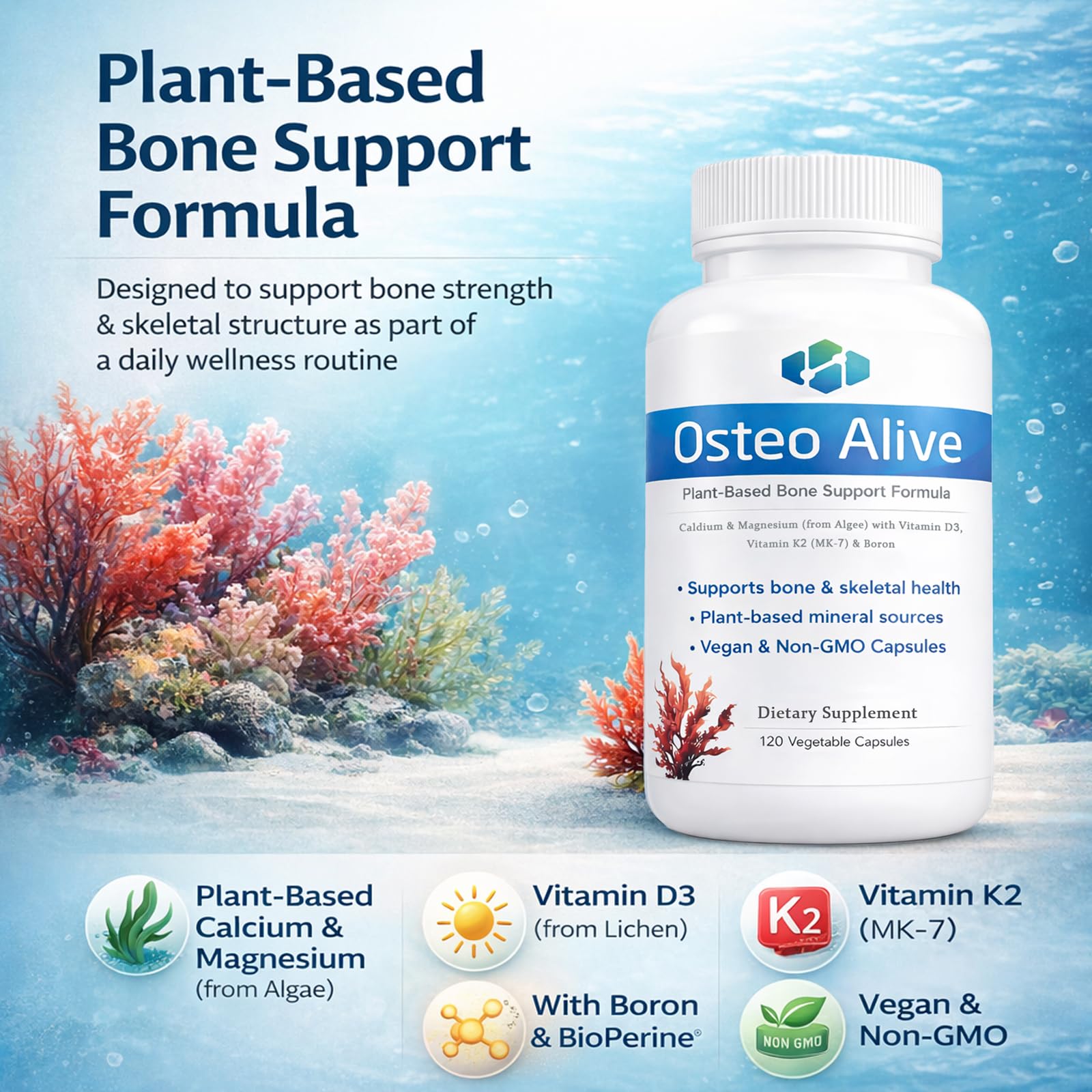 AIFBENK Osteo Alive Bone Support, with Plant-Based Calcium & Magnesium (from Algae), Vitamin D3 (from Lichen), Vitamin K2 (MK-7), Boron & BioPerine, Helps Support Bone & Skeletal Health AIFBENK uk supplements