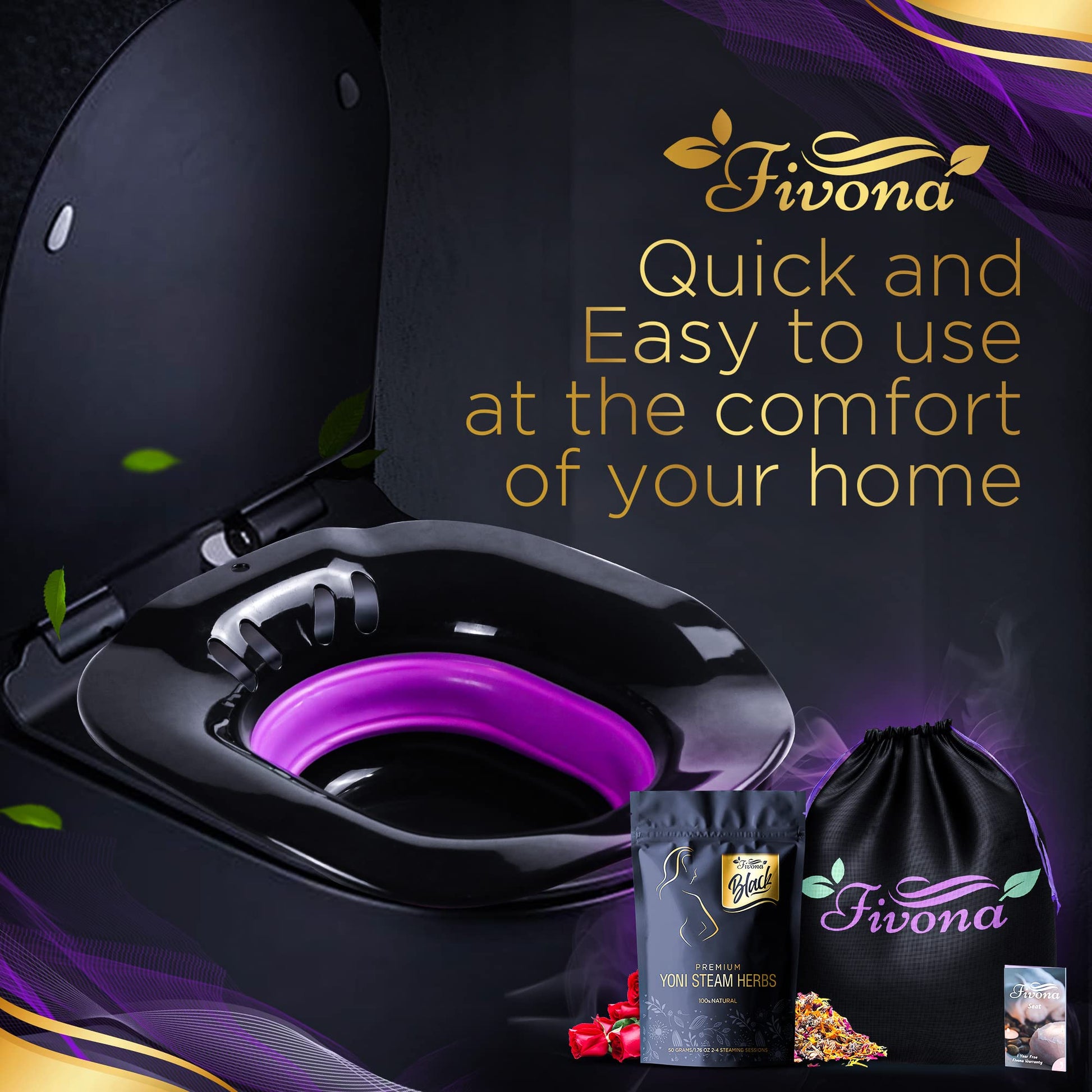 Fivona 3-in-1 Yoni Steam Kit Black - Foldable Over The Toilet Steamer Seat with Herbal Blend and Storage FIVONA uk supplements