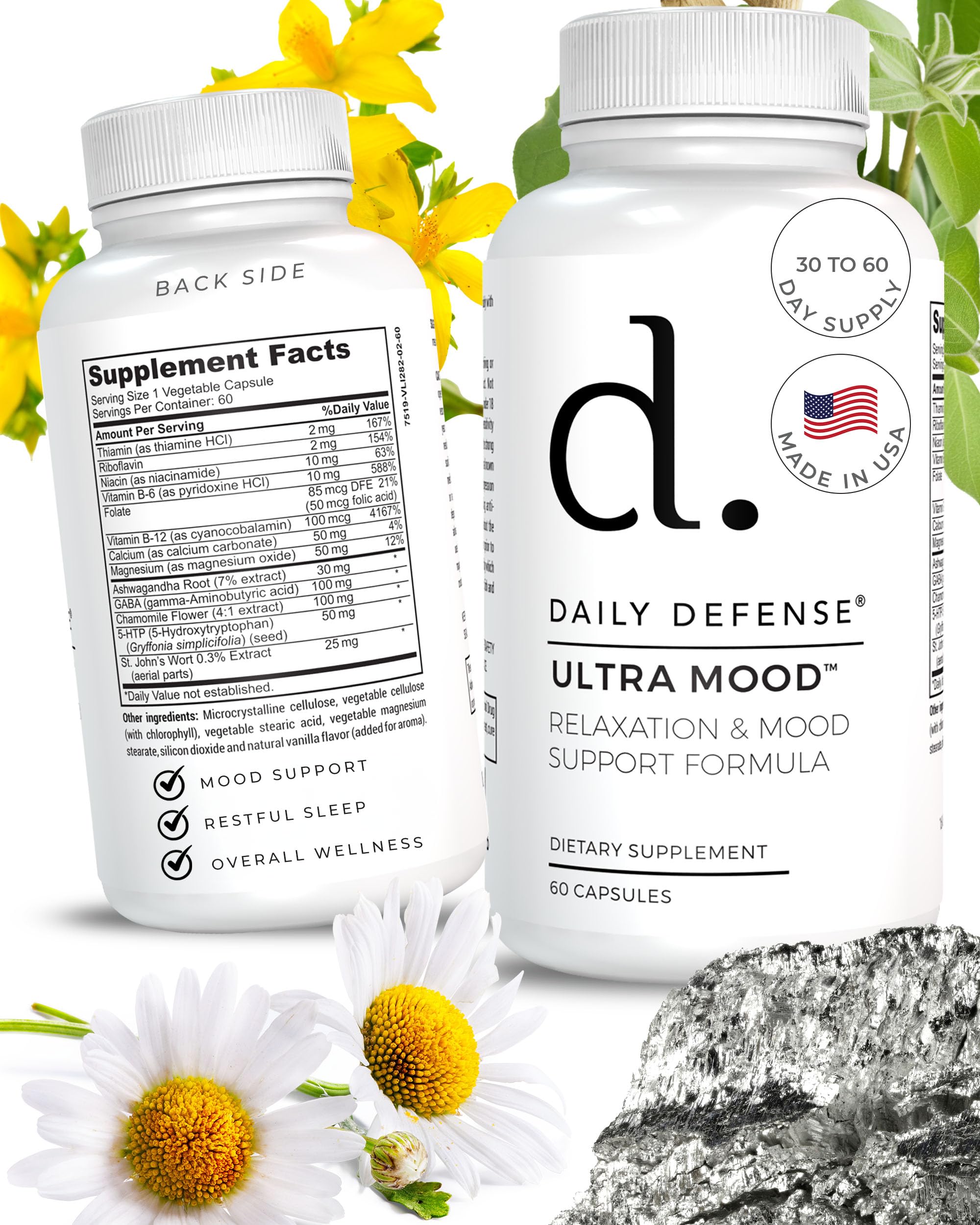 Daily Defense Mood Support Supplement - Ultra Mood 60 Count Mood Enhancer with Calcium Carbonate, Folic Acid, GABA, 5-HTP, Ashwagandha Root Extract & More - Non GMO Mood & Relaxation Supplement Daily Defense uk supplements