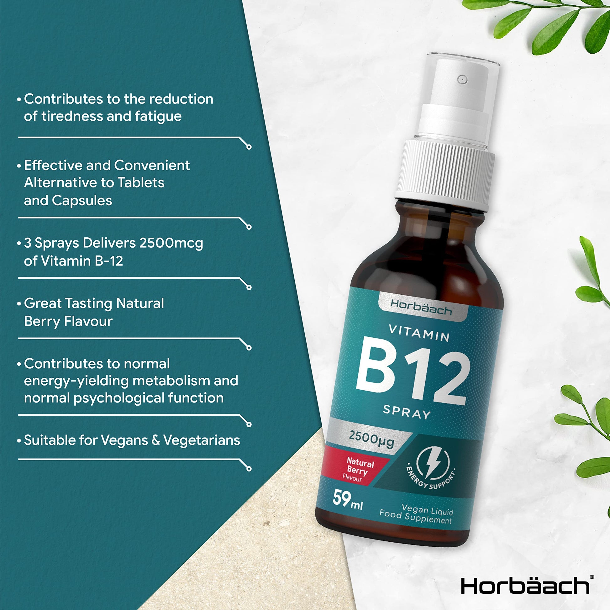 Vitamin B12 Spray 2500mcg | 59ml | High Strength Supplement | Natural Berry Flavour Horbäach uk supplements