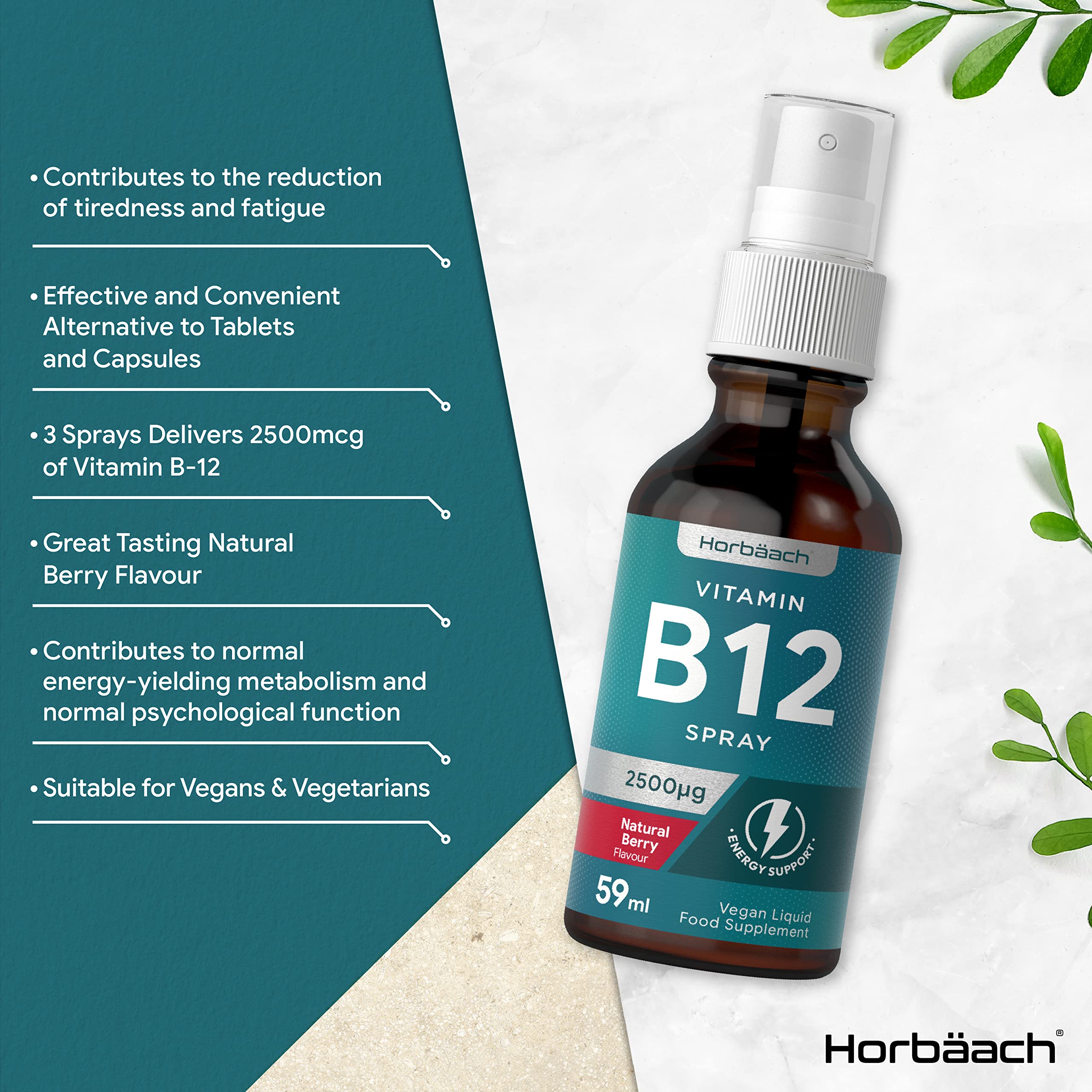 Vitamin B12 Spray 2500mcg | 59ml | High Strength Supplement | Natural Berry Flavour Horbäach uk supplements