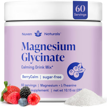 Magnesium Glycinate Powder + L-Theanine | 60 Servings | 300 mg per Scoop High Absorption Chelated Magnesium Powder for Sleep - Natural Mixed Berry Flavor, No Sugar, Support Restful Sleep & Relaxation Nuven Naturals uk supplements
