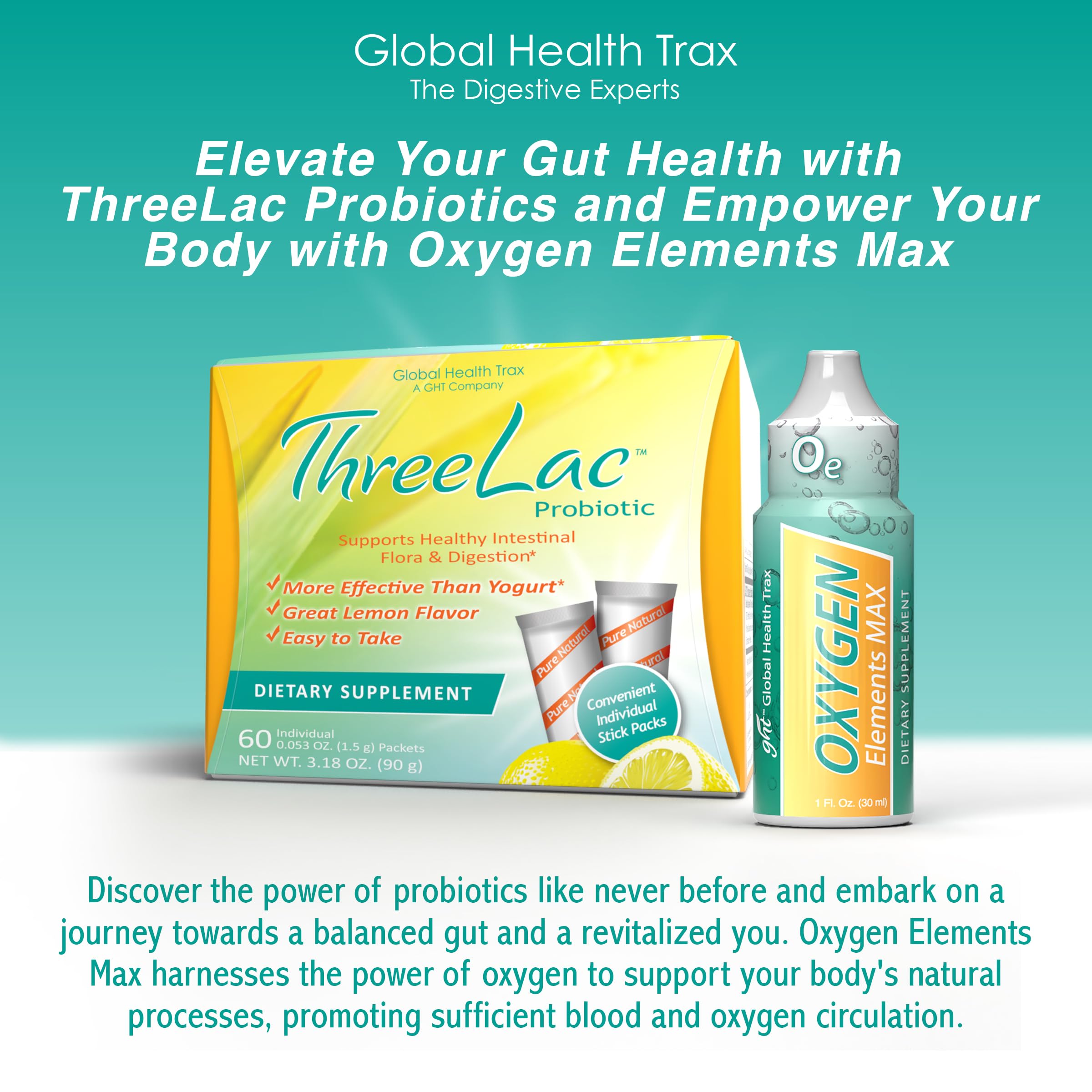 GHT – Ultimate Gut & Oxygen Duo: ThreeLac Lemon Probiotic Powder (180 Packets) & Oxygen Elements Max Drops (3oz) - Digestive Support & Cellular Vitality ght Global Health Trax uk supplements