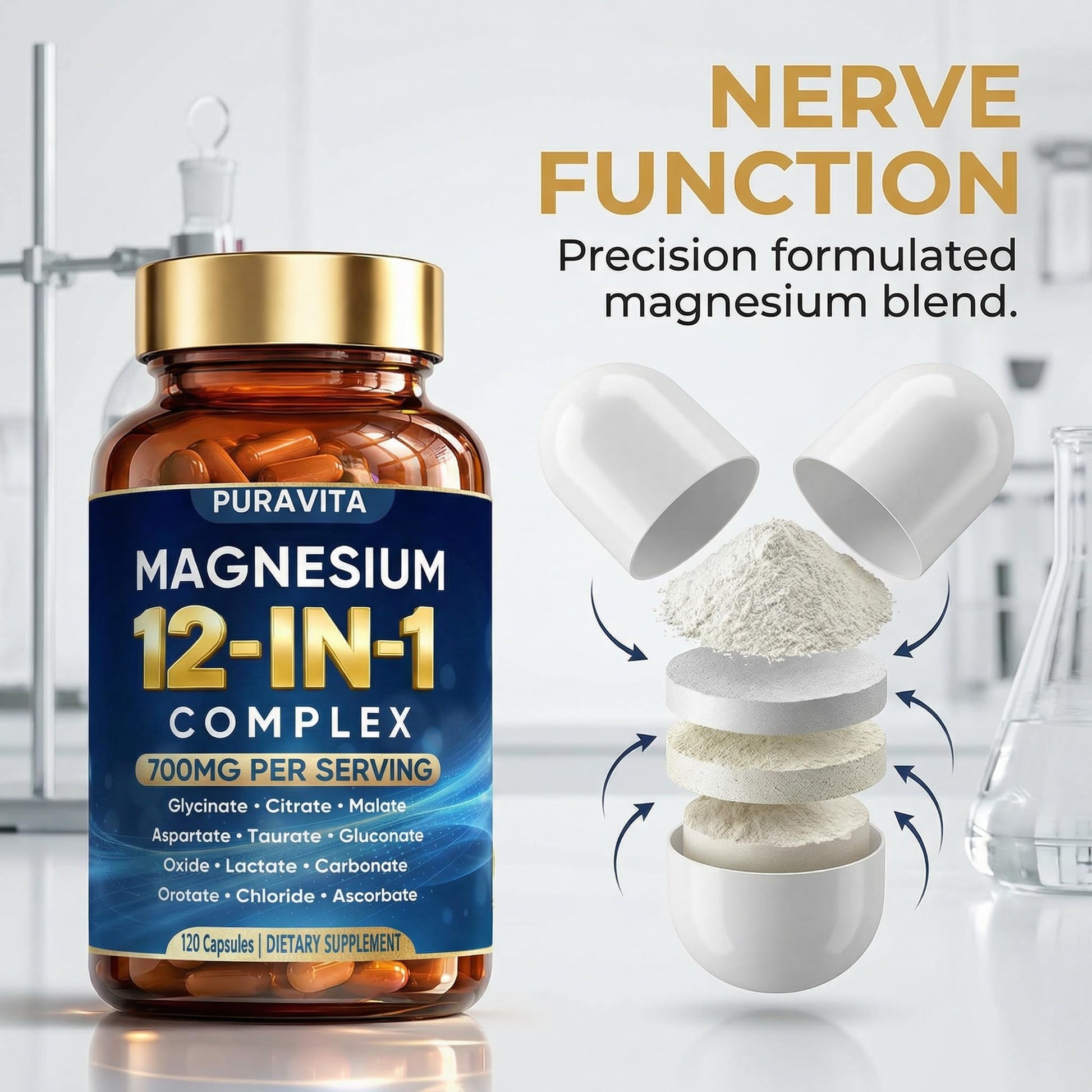 Puravita 12 in 1 Magnesium Complex Capsules - 700mg High Absorption Blend with Glycinate, Citrate, Malate, Oxide & Taurate. Supports Muscle Function, Nerve Health & Relaxation - 120 Capsules (1) PURAVITA uk supplements