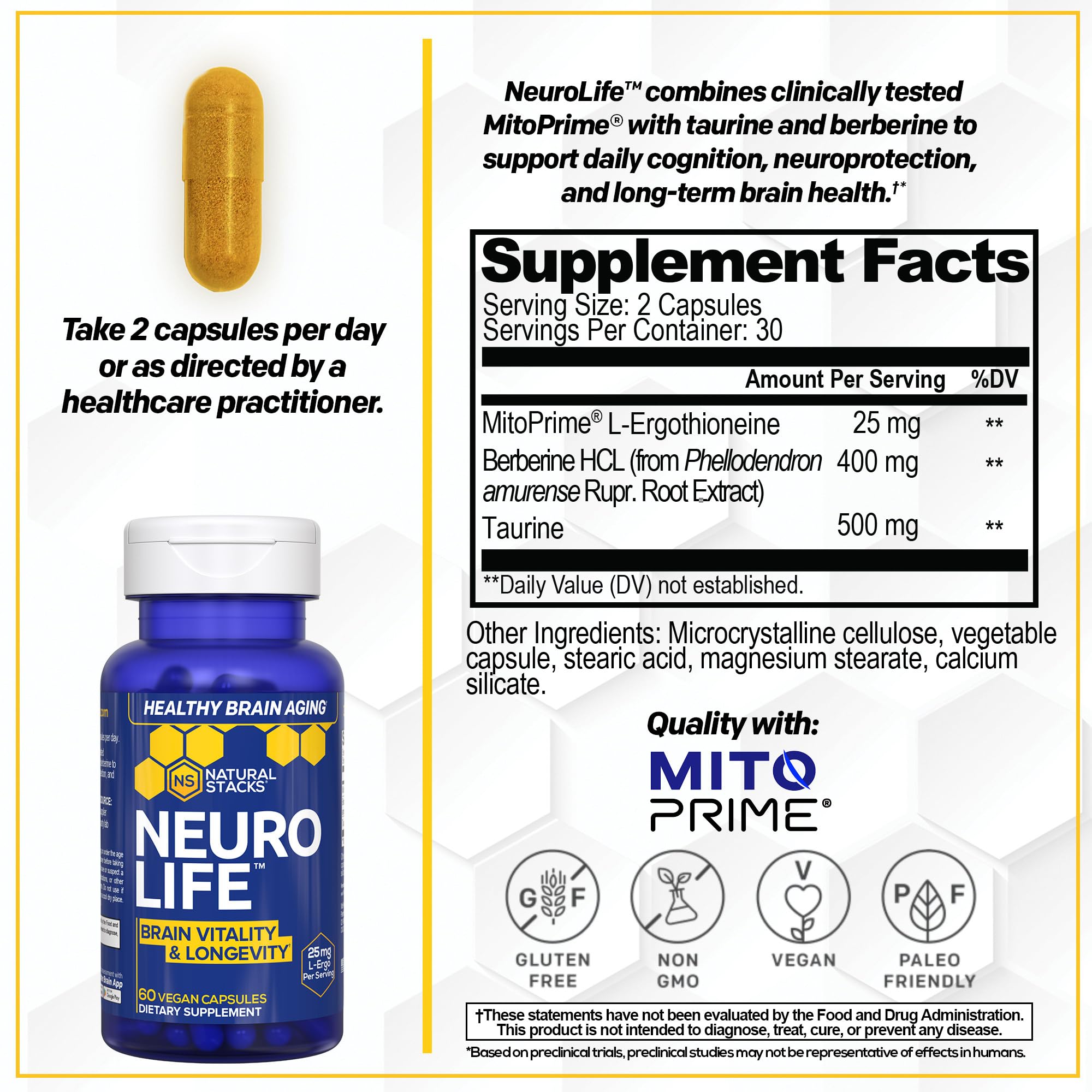 NeuroLife Longevity Supplement - 500mg Taurine & 400mg Berberine Supplement - Clinically Tested MitoPrime L-Ergothioneine - Brain Support for Cognitive Vitality - 60 Berberine Capsules NATURAL STACKS uk supplements