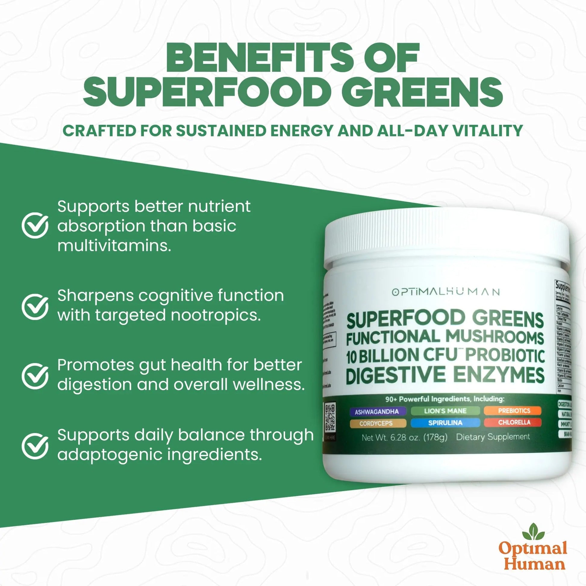 Optimal Human Superfood Greens Powder – 90+ Ingredient Blend with Lion’s Mane Supplement, Ashwagandha & Turmeric O H uk supplements