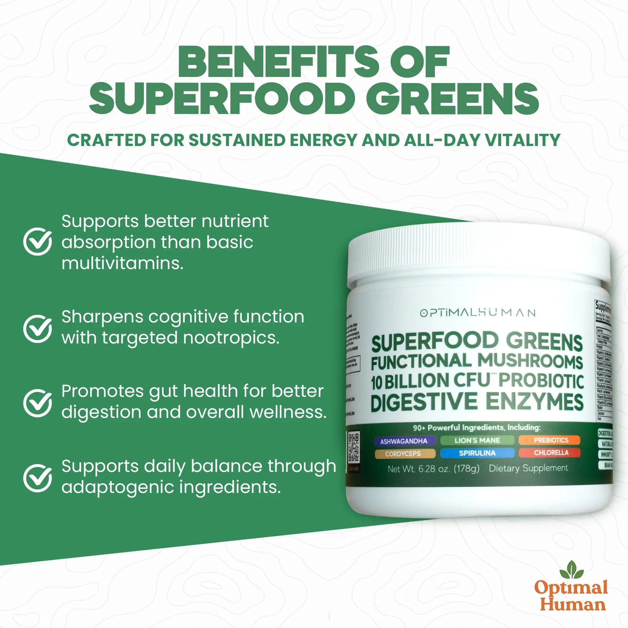 Optimal Human Superfood Greens Powder – 90+ Ingredient Blend with Lion’s Mane Supplement, Ashwagandha & Turmeric O H uk supplements