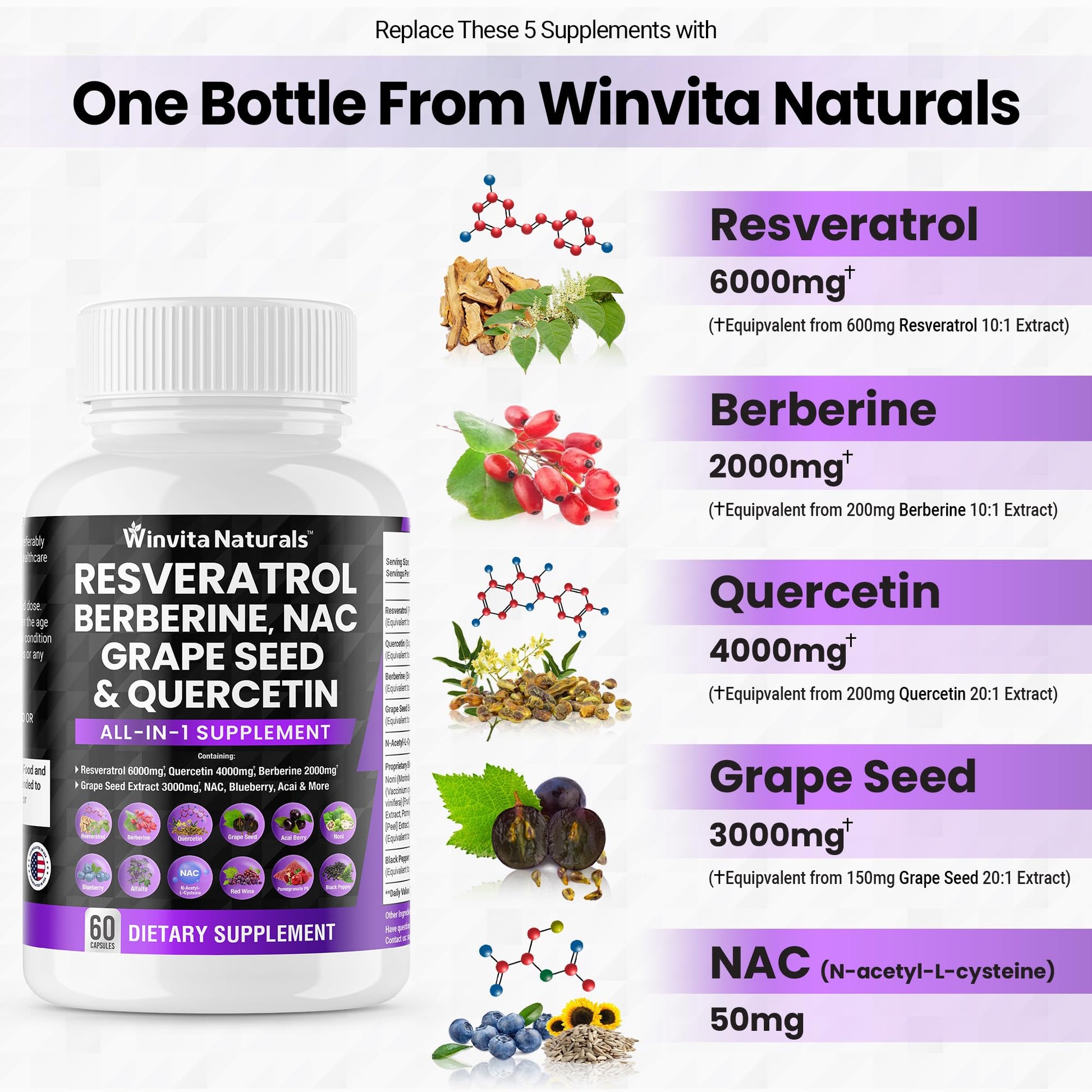 Resveratrol 6000mg Quercetin 4000mg Berberine 2000mg Grape Seed Extract 3000mg Winvita Naturals uk supplements