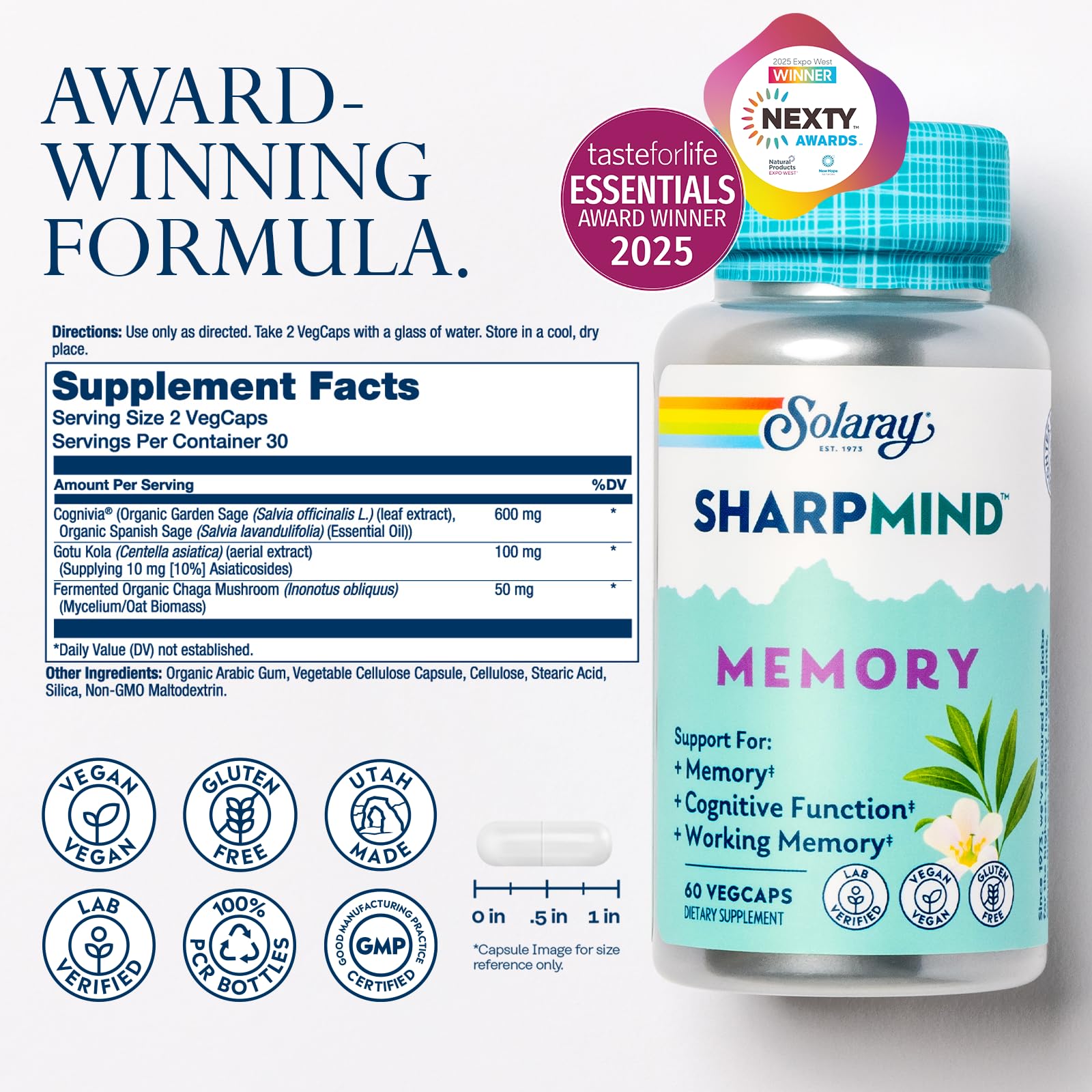 SOLARAY SharpMind Memory Formula - Brain Supplements for Memory and Focus - Cognivia, Gotu Kola & Chaga Mushroom Supplement - Ginkgo Biloba Alternative - 60-Day Guarantee - 30 Servings, 60 VegCaps SOLARAY uk supplements