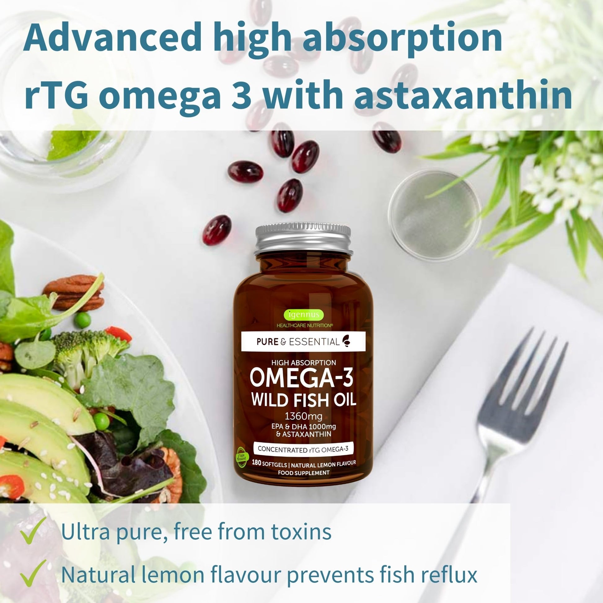 Omega-3 Wild Fish Oil & Astaxanthin, The Most Advanced High Absorption rTG Omega-3 Igennus Healthcare Nutrition uk supplements
