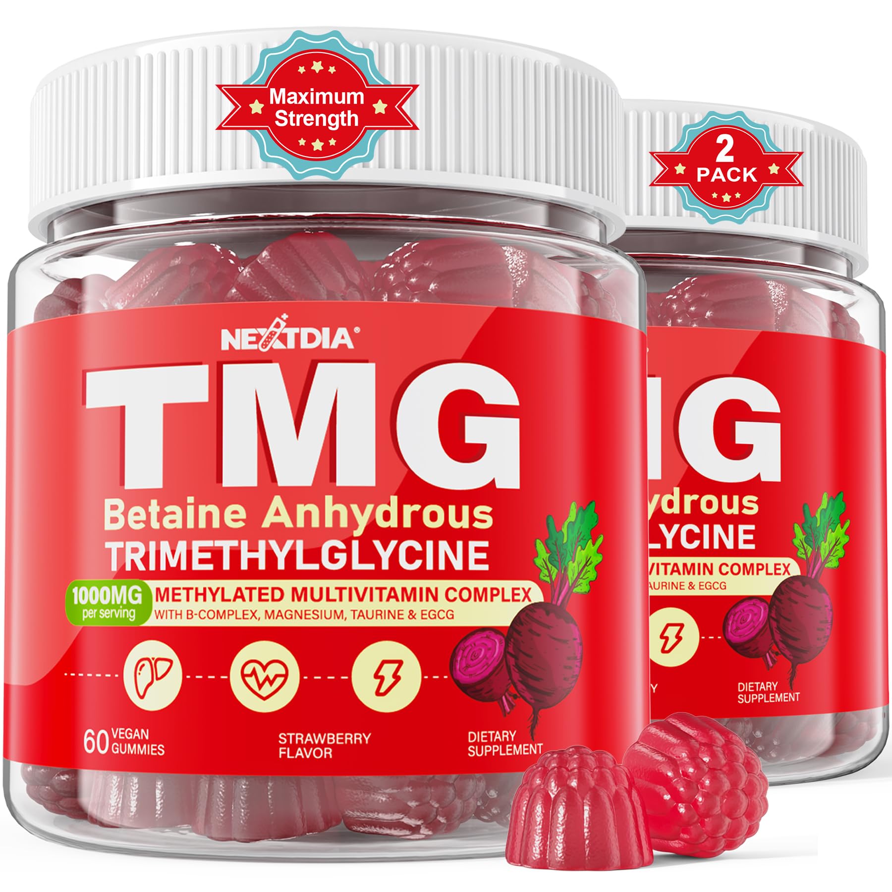 2Pack TMG Gummies 1000mg Betaine Anhydrous + Methylated Multivitamin & B Complex Methylated(Methylfolate B12 B6), Magnesium, Taurine - Essential Trimethylglycine for Homocysteine Levels, Brain, Energy Nextdia uk supplements
