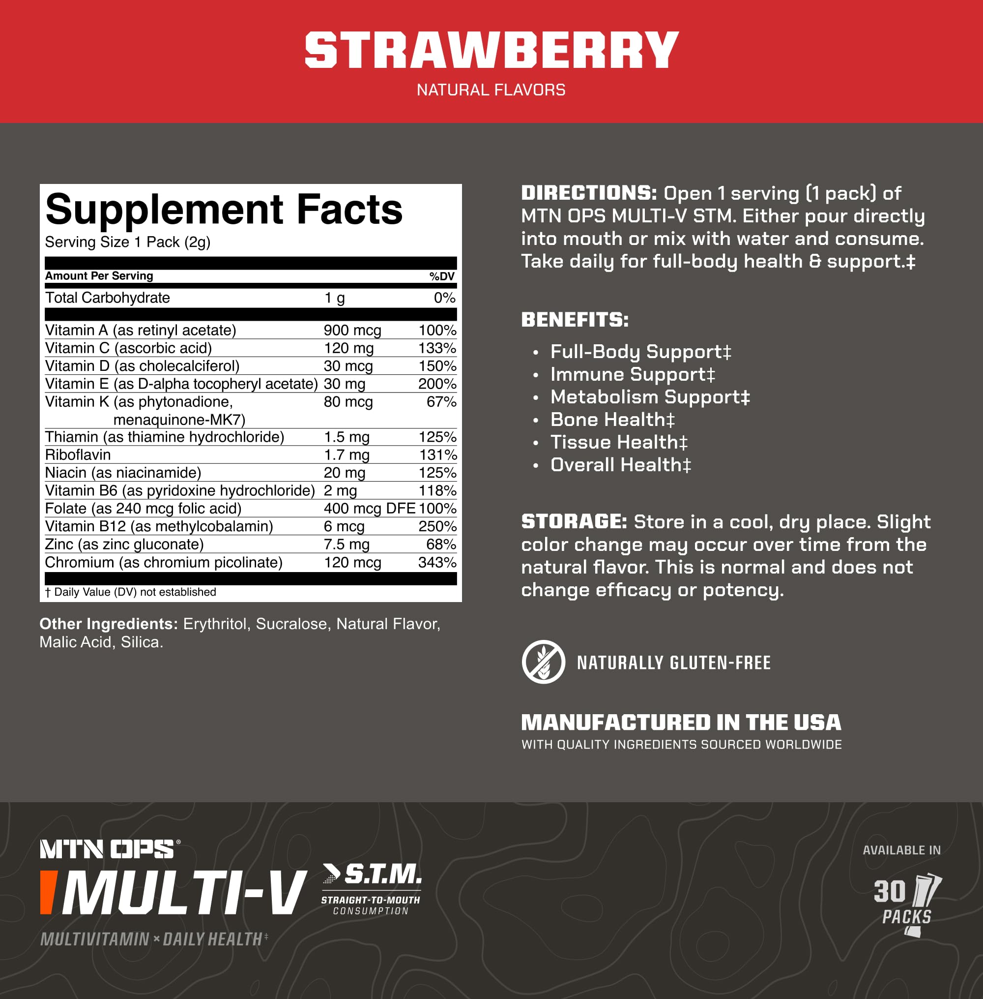 MTN OPS Multi‑V STM On‑the‑Go Daily Multivitamin for Men, Women & Kids – Straight‑to‑Mouth Vitamin C D3 B Zinc Packs – Gluten Free, Natural Flavors, 30 Servings MTN OPS uk supplements