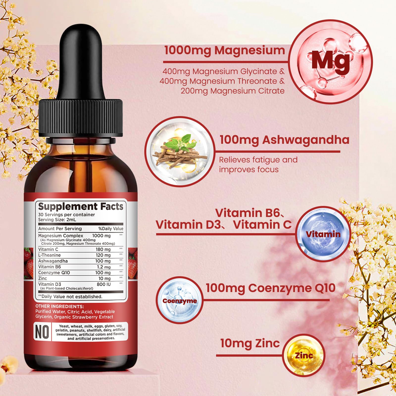 Triple Magnesium Complex Supplement, Magnesium Glycinate, Blend, Citrate Liquid Drops 1000mg with Ashwagandha, CoQ10, Vitamin B6, C, D, Zinc -Support Calm Stress Relief, Bone, Muscle, Mood Vegan dilib uk supplements