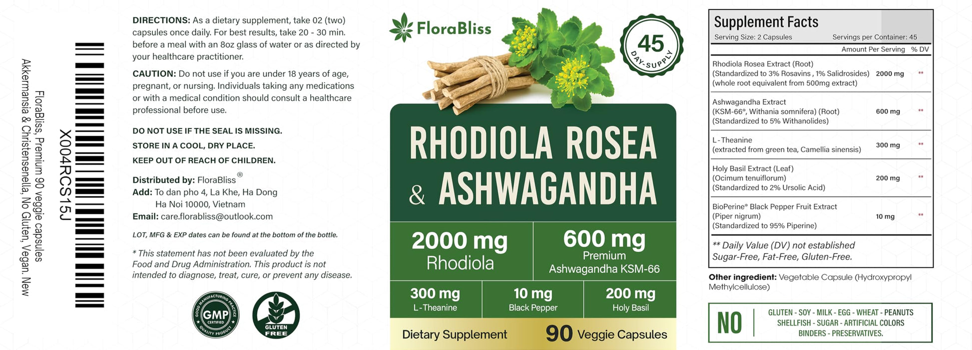 FloraBliss Rhodiola Rosea with Ashwagandha KSM-66, L-Theanine, Holy Basil & Black Pepper - 90 High Potency Vegan Capsules - 45-Day Supply FloraBliss uk supplements