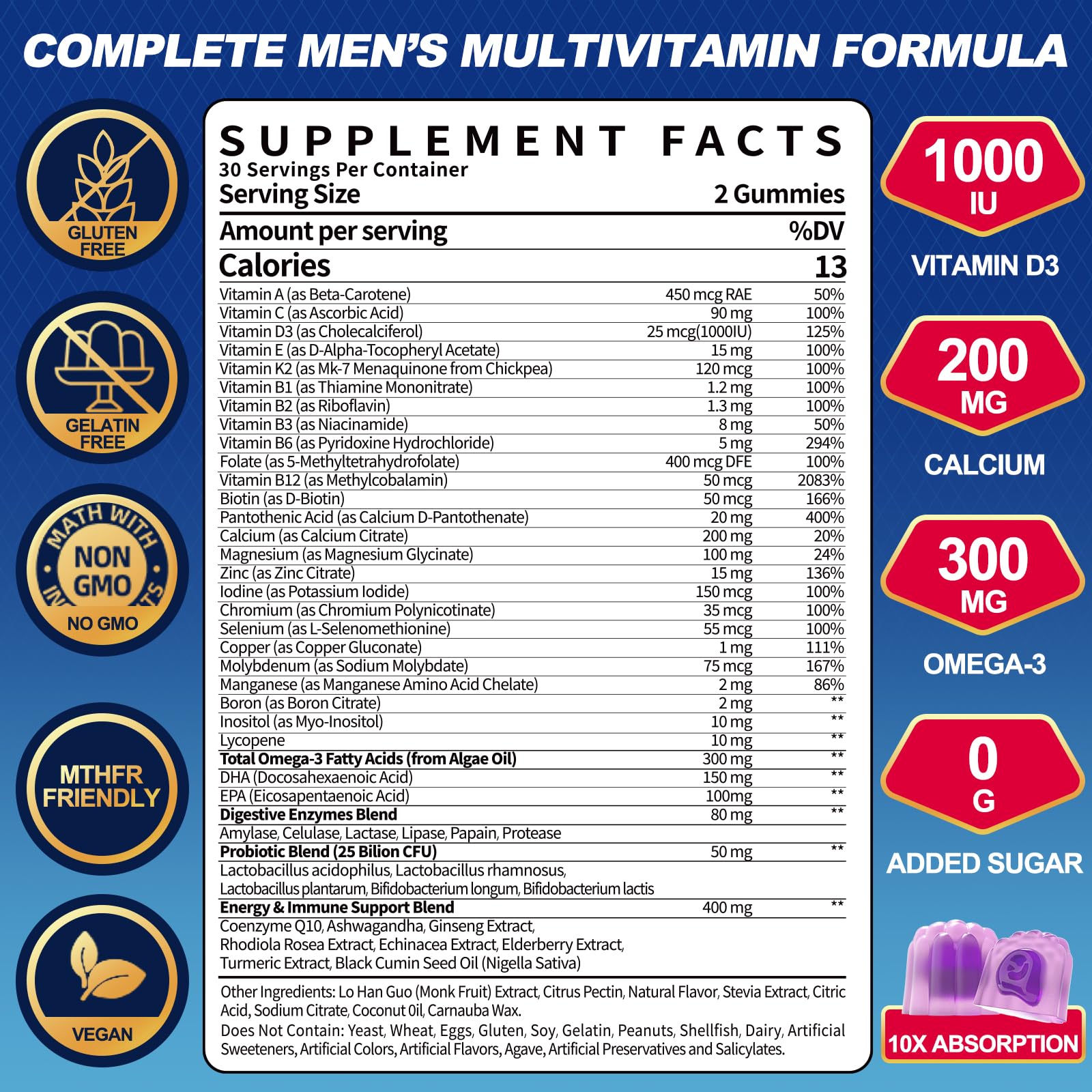 Ceecisee Men’s Methylated Multivitamin Gummies: Chewable Multivitamins Mens Gummy with Omega Probiotic Magnesium Zinc Vitamins B12 D3 - No Iron Daily Supplement Support Energy Immune for Men(120Count) Ceecisee uk supplements