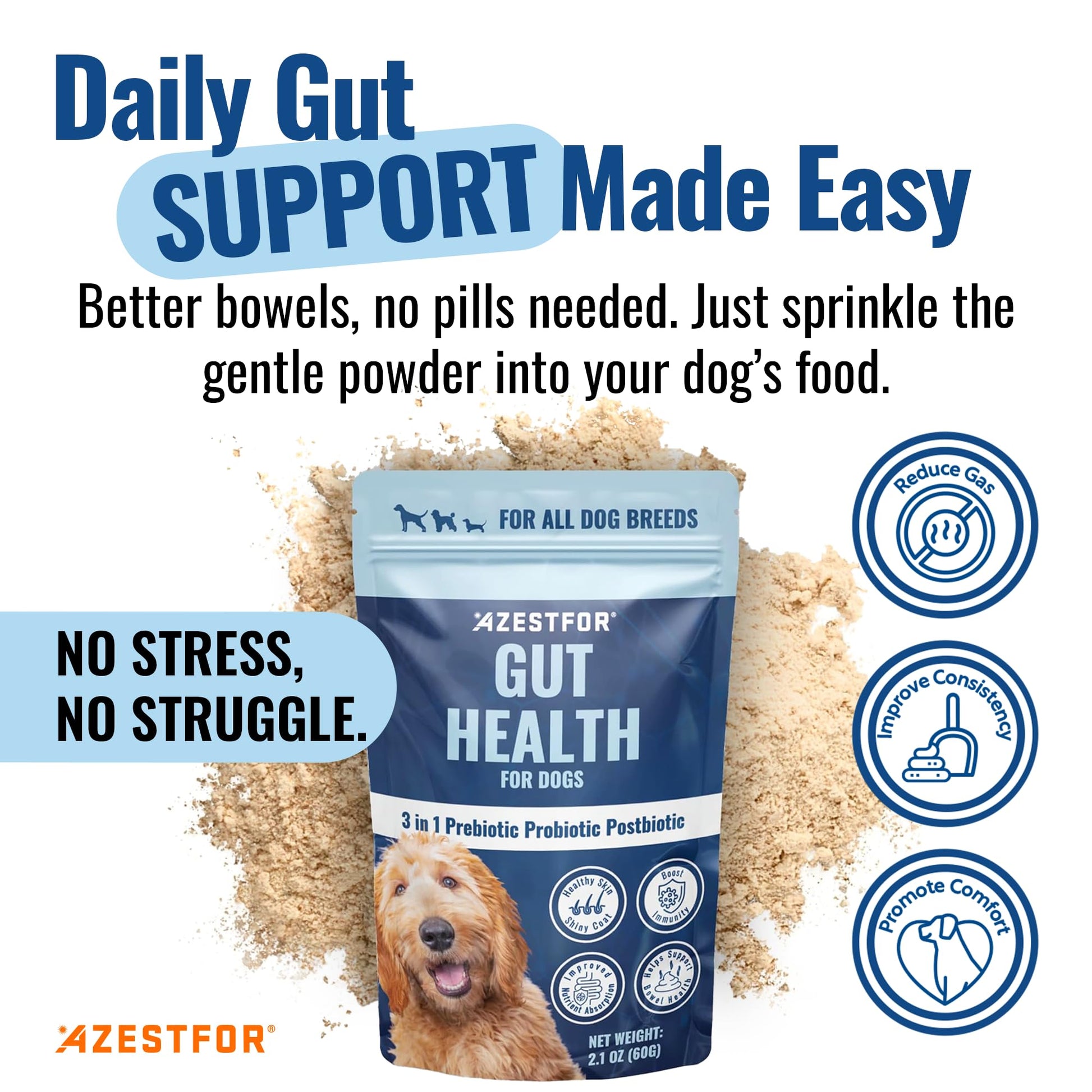 Azestfor Gut Health Supplement for Dogs – 3 in 1 Probiotic, Prebiotic & Postbiotic Blend – Supports Digestion, Immunity & Skin – Easy-to-Use Powder – for All Breeds & Sizes – 60g (30 Servings) Azestfor uk supplements