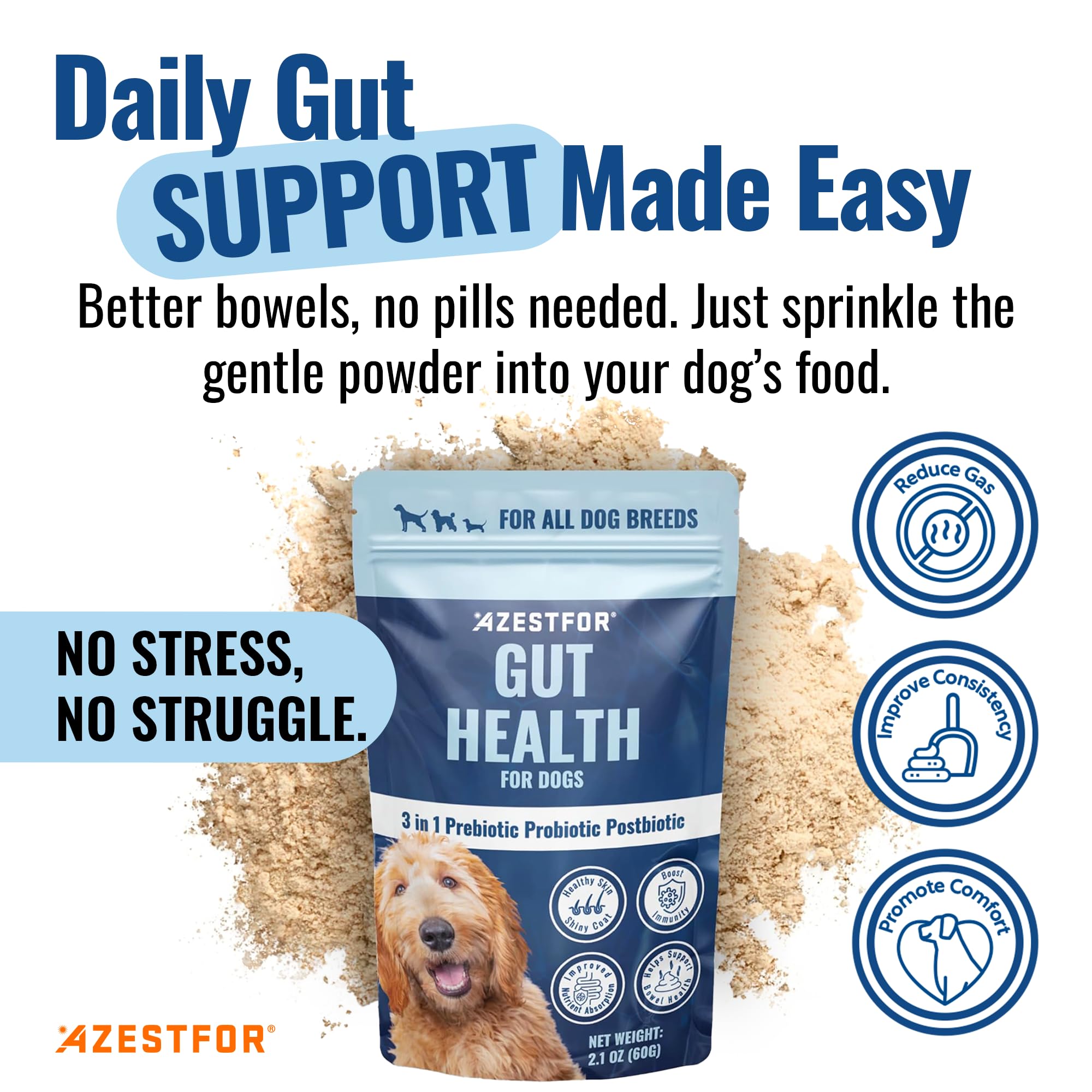 Azestfor Gut Health Supplement for Dogs – 3 in 1 Probiotic, Prebiotic & Postbiotic Blend – Supports Digestion, Immunity & Skin – Easy-to-Use Powder – for All Breeds & Sizes – 60g (30 Servings) Azestfor uk supplements