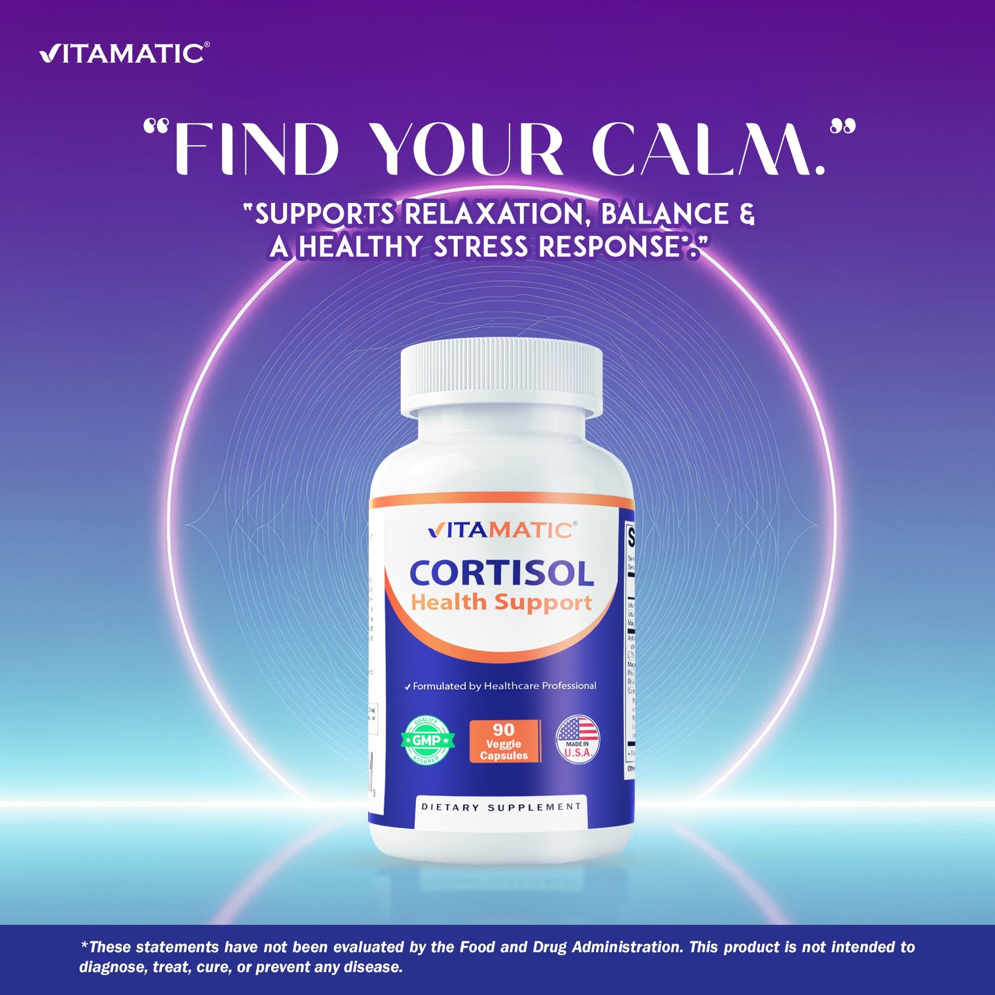 Vitamatic Cortisol Health Support - 90 Veggie Capsules - Made with Adaptogenic Blend with Ashwagandha, Rhodiola, Magnolia, L-Theanine, Phosphatidylserine Vitamatic uk supplements