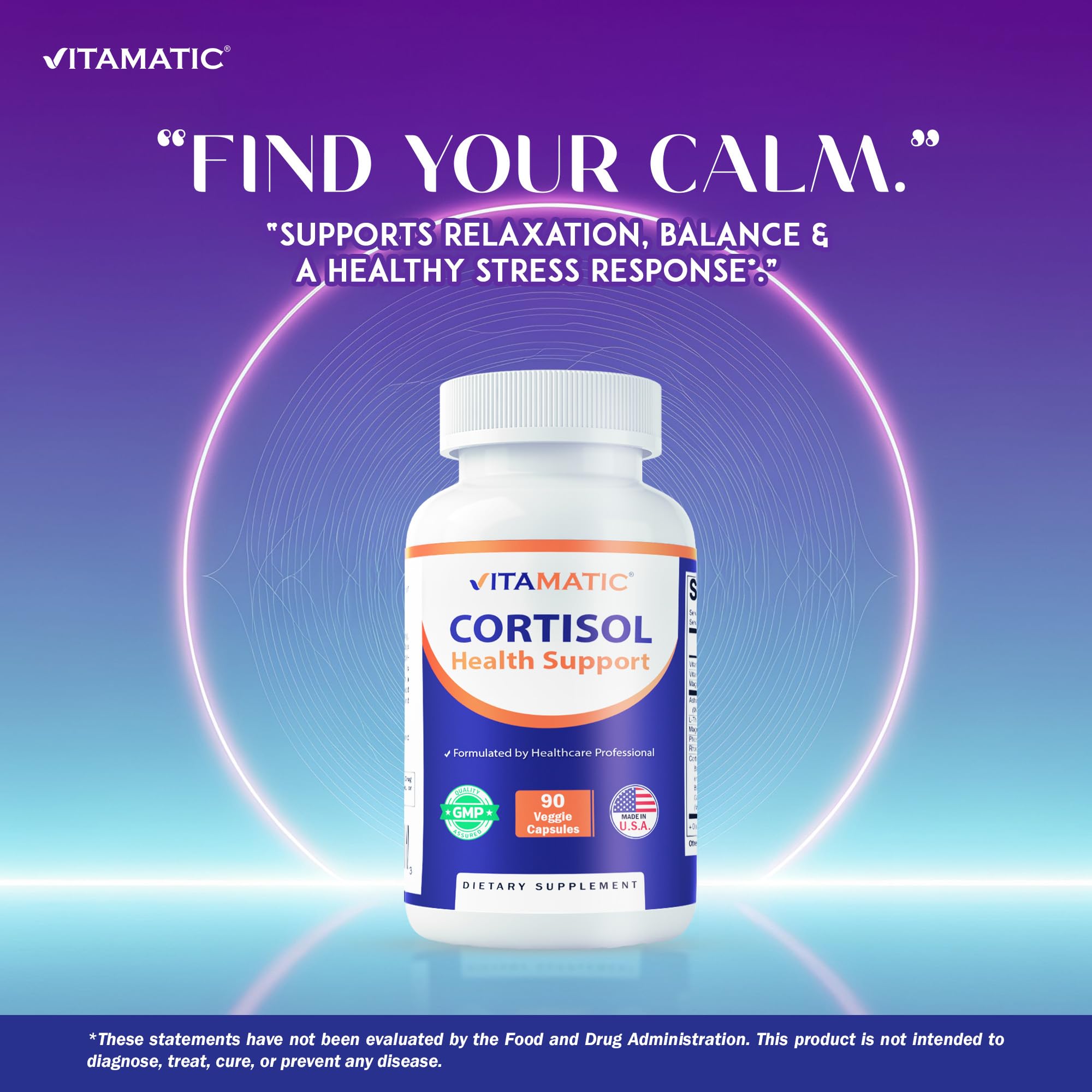 Vitamatic Cortisol Health Support - 90 Veggie Capsules - Made with Adaptogenic Blend with Ashwagandha, Rhodiola, Magnolia, L-Theanine, Phosphatidylserine Vitamatic uk supplements
