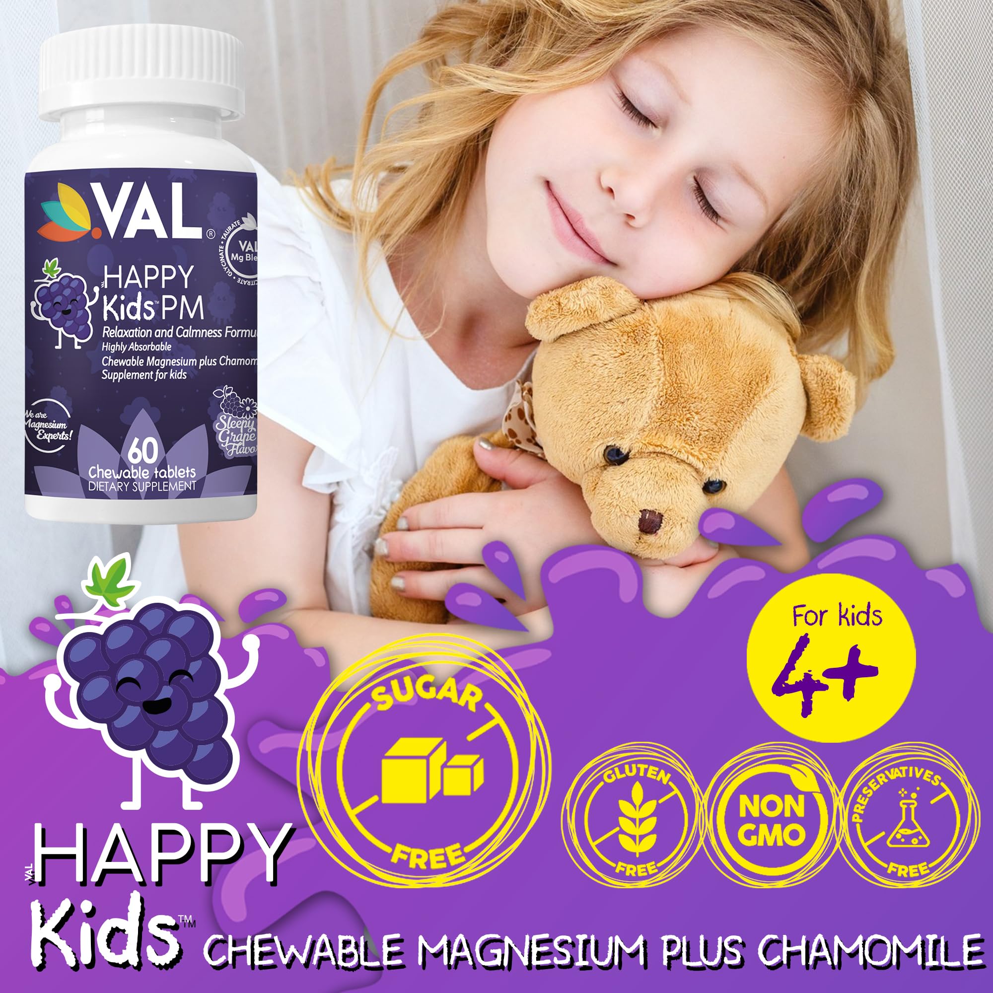 VAL Kids PM Magnesium Gummies | Sugar-Free Chewable Tablets with Chamomile, Magnesium Glycinate + Citrate + Taurate | Vitamin B6 & C | Natural Grape Flavor | Sleep & Calm Support | 60 Ct | Ages 4+ VAL uk supplements