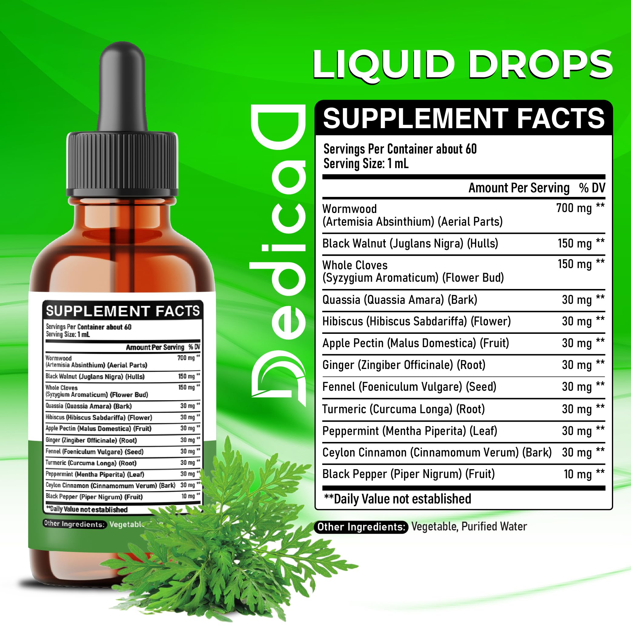 DEDICAD 12in1 Wormwood Liquid Drops - Black Walnut Wormwood Tincture Liquid Extract Whole Cloves and 9 More Herbs - 60 Days Supply DEDICAD uk supplements
