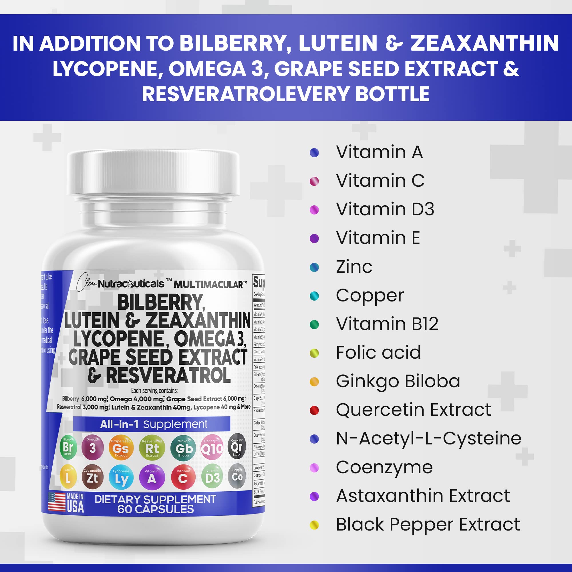 Eye Health Vitamins with Bilberry 6000mg Lutein & Zeaxanthin 40mg Lyco Clean Nutraceuticals uk supplements
